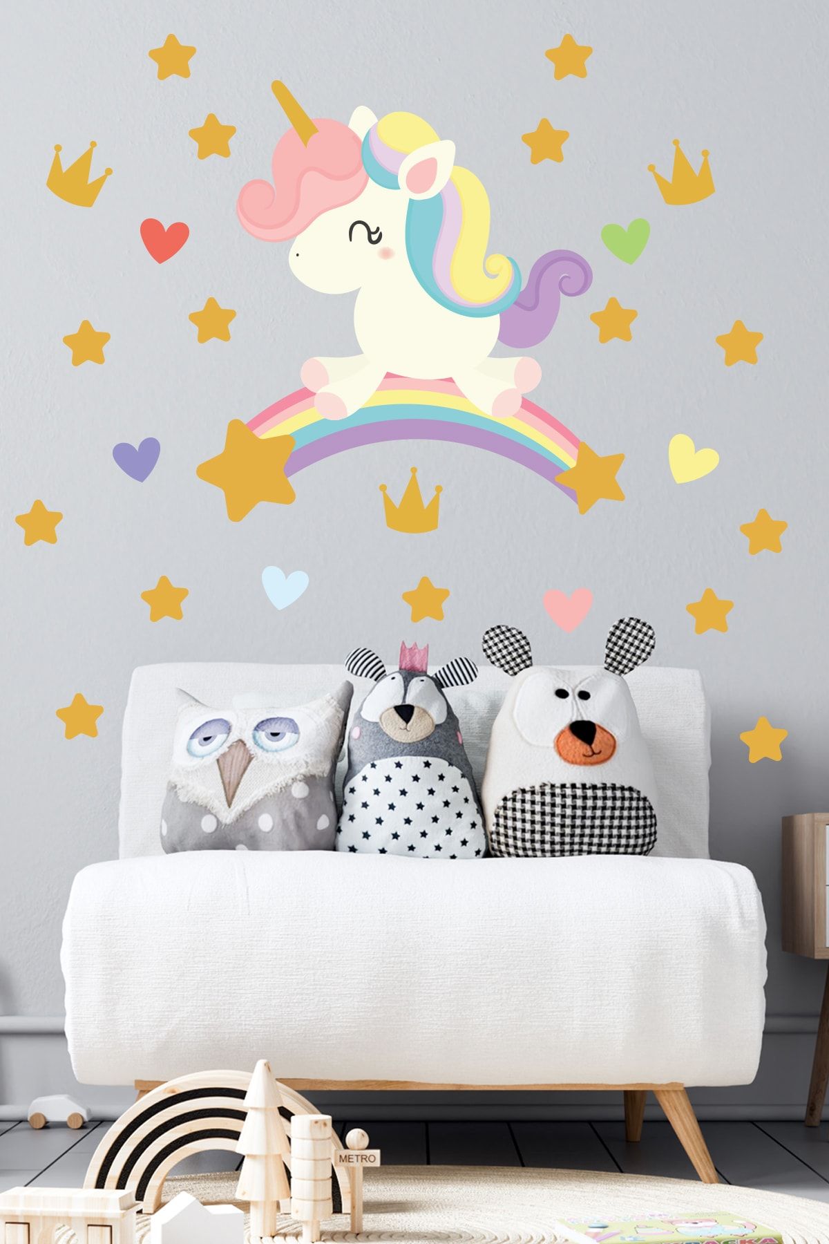 Tilki Dünyası Sevimli Unicorn Gökkuşağı Taç Ve Yıldızlar Çocuk Odası Duvar Sticker