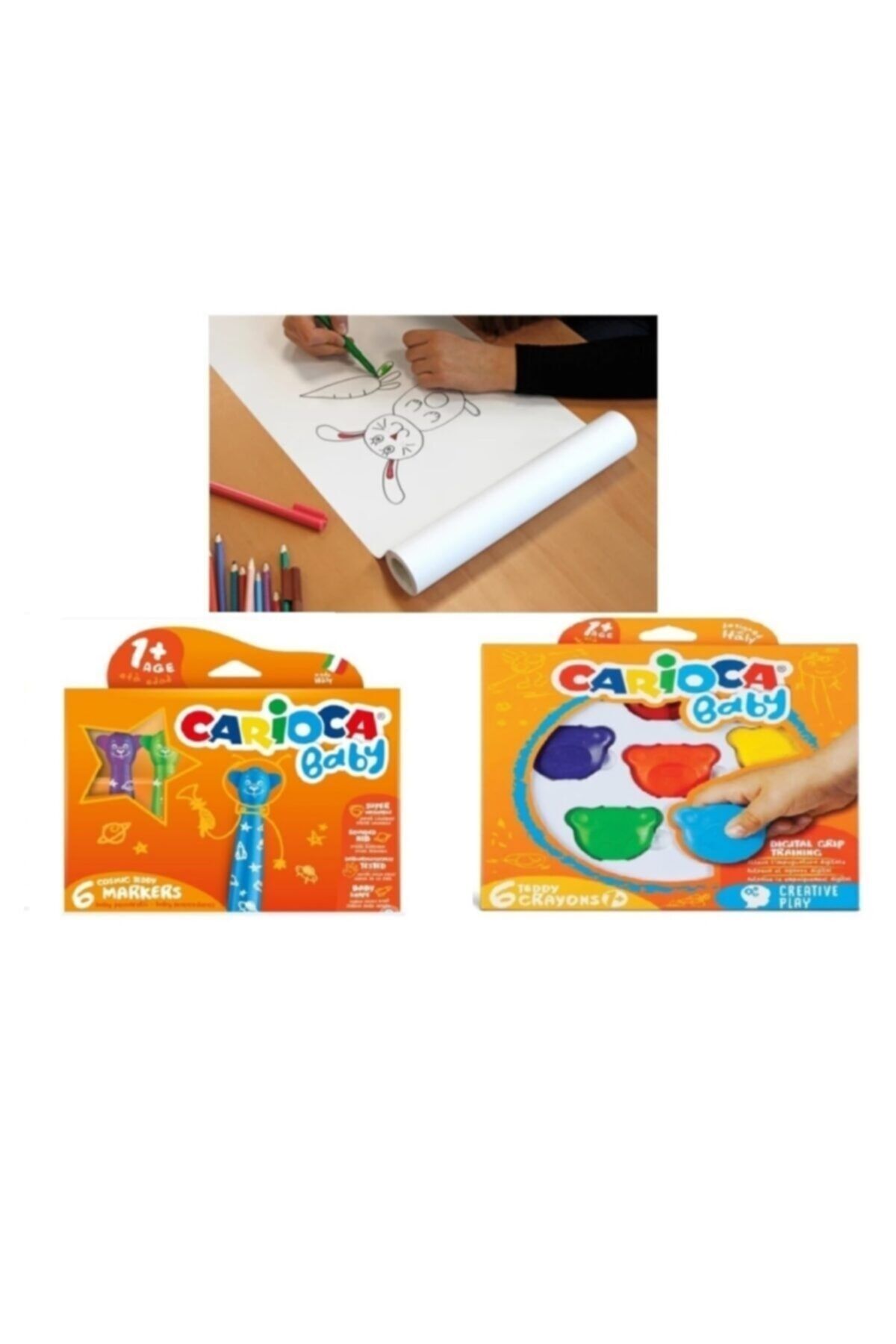 Carioca Yapışkanlı Resim Kağıdı 30 Cm X 12 Metre + Carioca Baby Teddy Crayon + Teddy Jumbo Keçeli