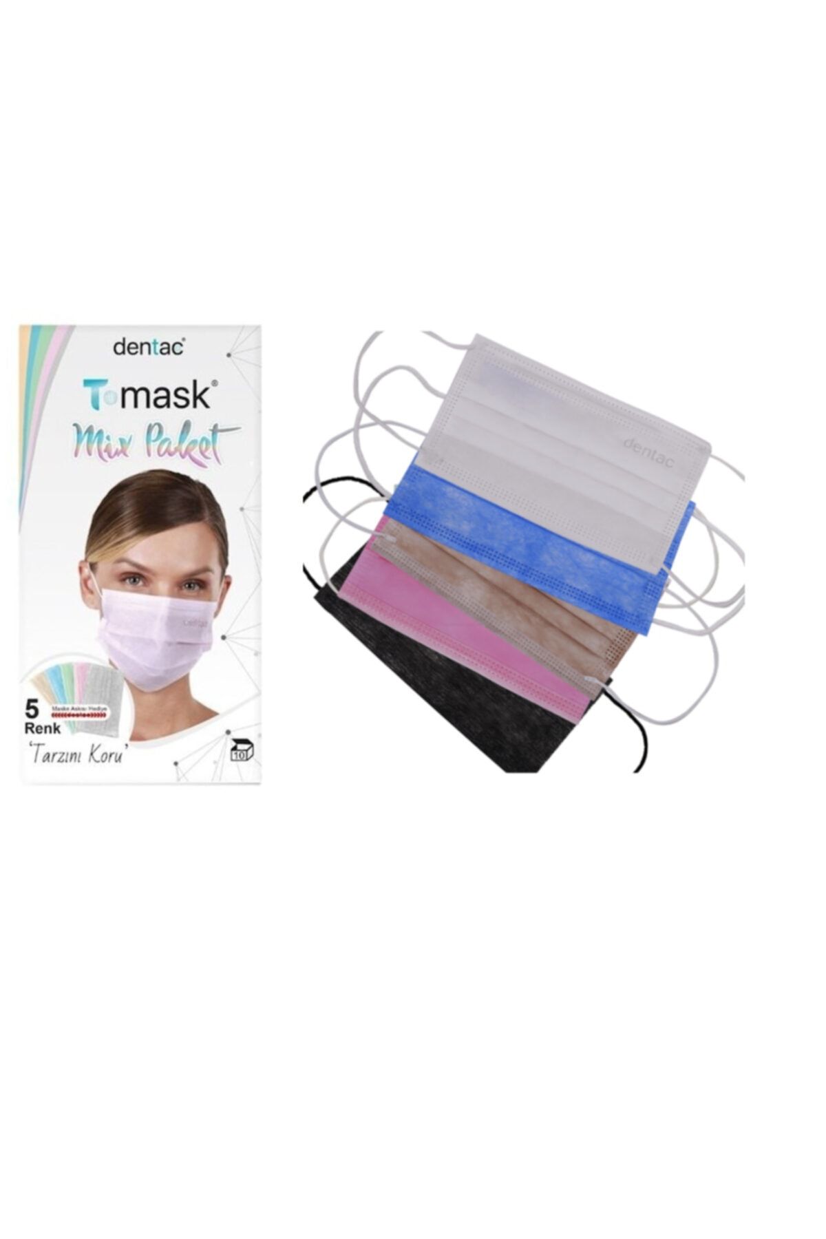 Dentac T-mask 3 Katlı Renkli Mix Paket Yüz Maskesi 1 Kutu (5 Renk 10 Adet)