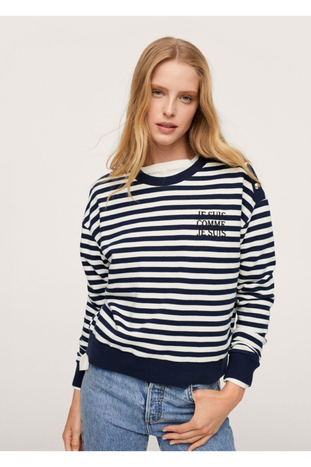 MANGO Kadın Lacivert Çizgili Koton Sweatshirt