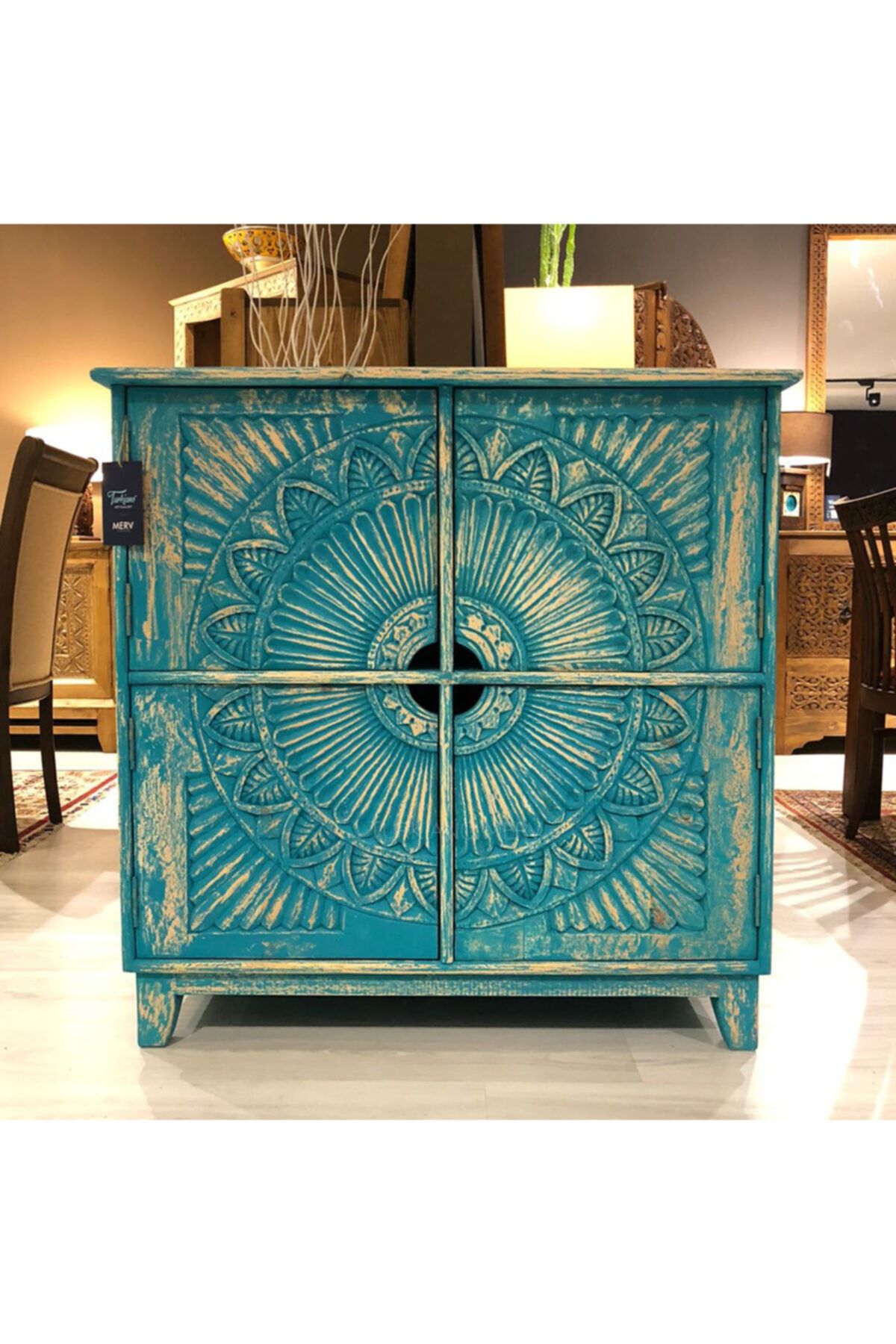 Turkiano Merv Art Gallery Antik Tarz Dolap El Oyma Masif Eskitme Aqua Renk M571