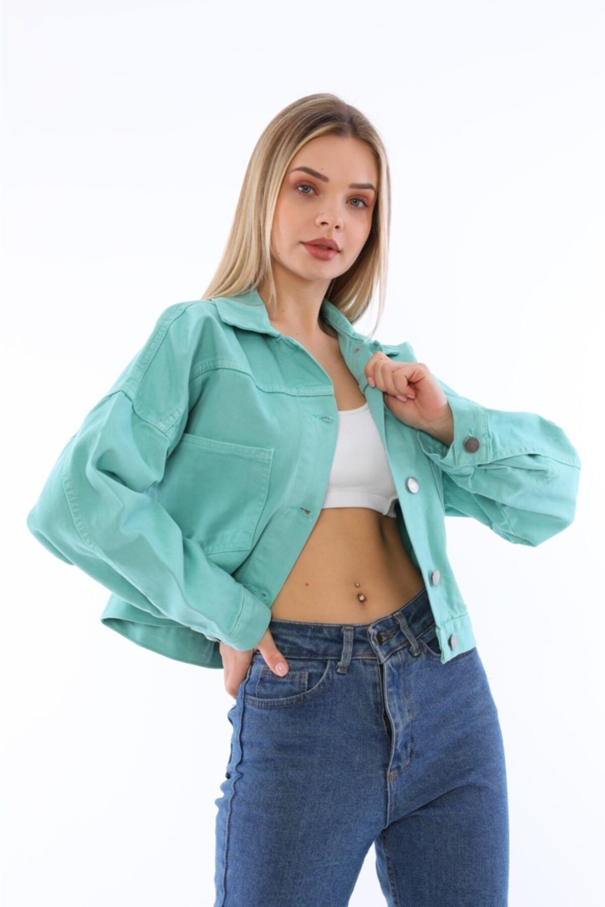 Fav Style Kadın Düğmeli Çift Cepli Crop Denim Ceket Mint Mavi