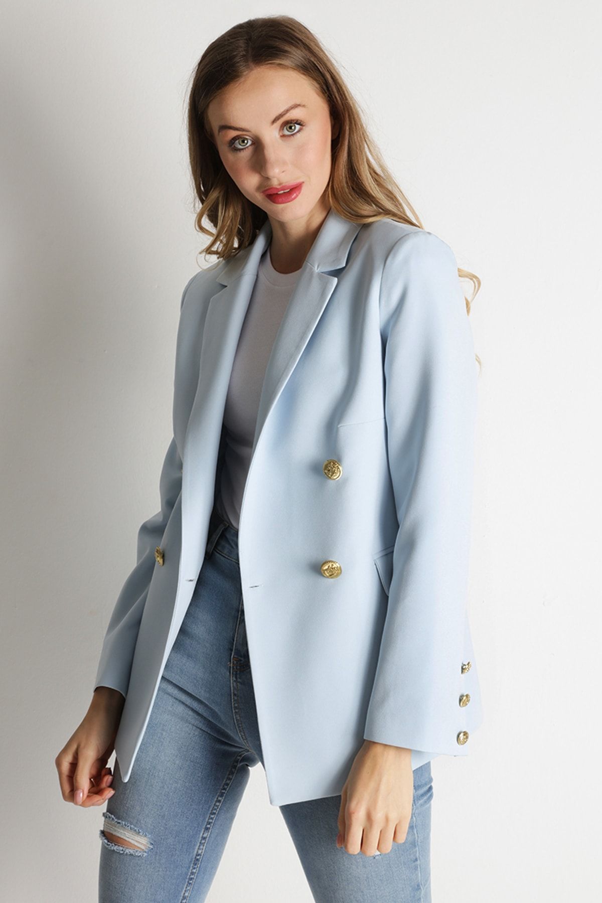 Select Moda Kadın Mavi Gold Düğmeli Blazer Ceket