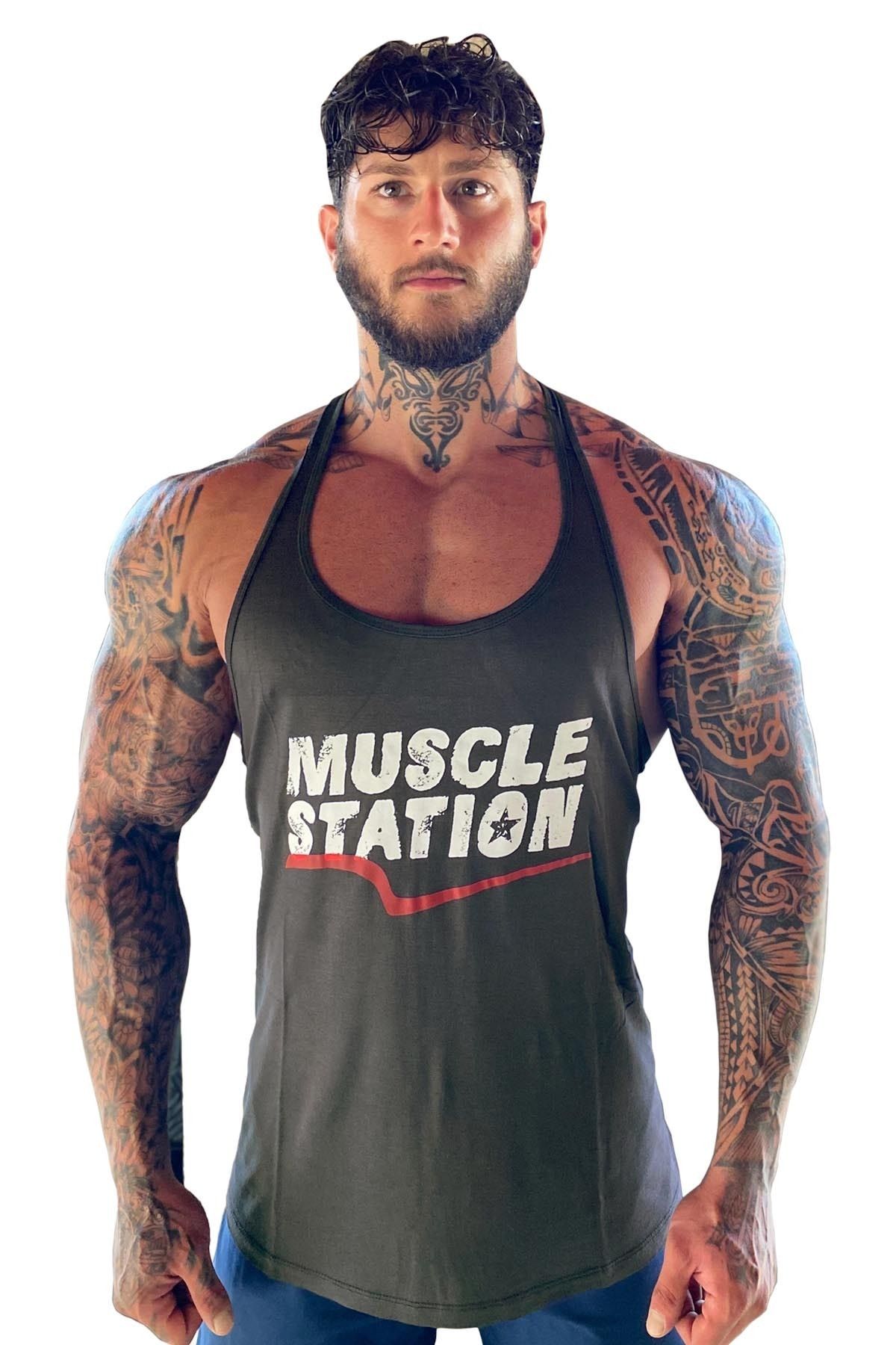Muscle Station Musclestation Toughman Tank Koyu Haki Workout Fitness Atlet