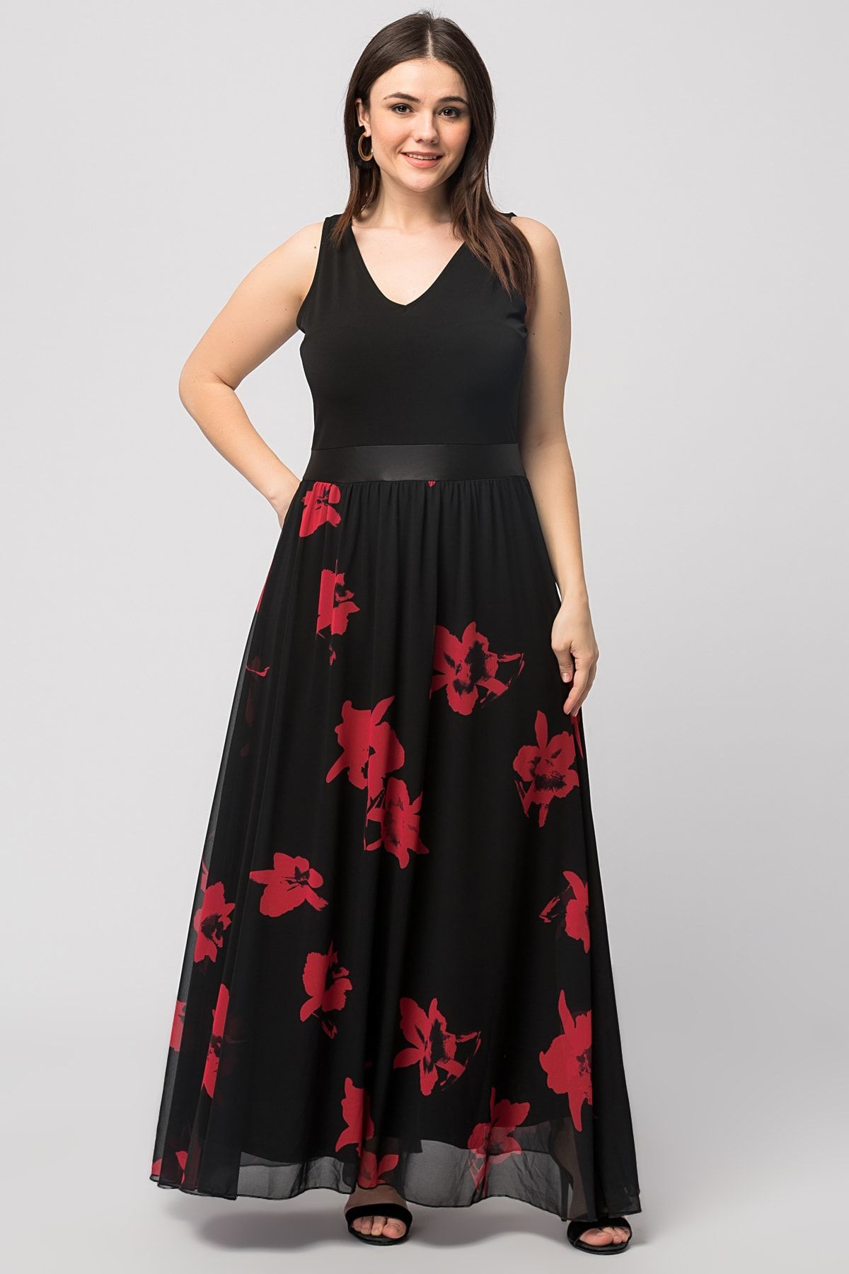 Şans Kadın Büyük Beden Siyah Çiçek Desenli Elbise 65n19901