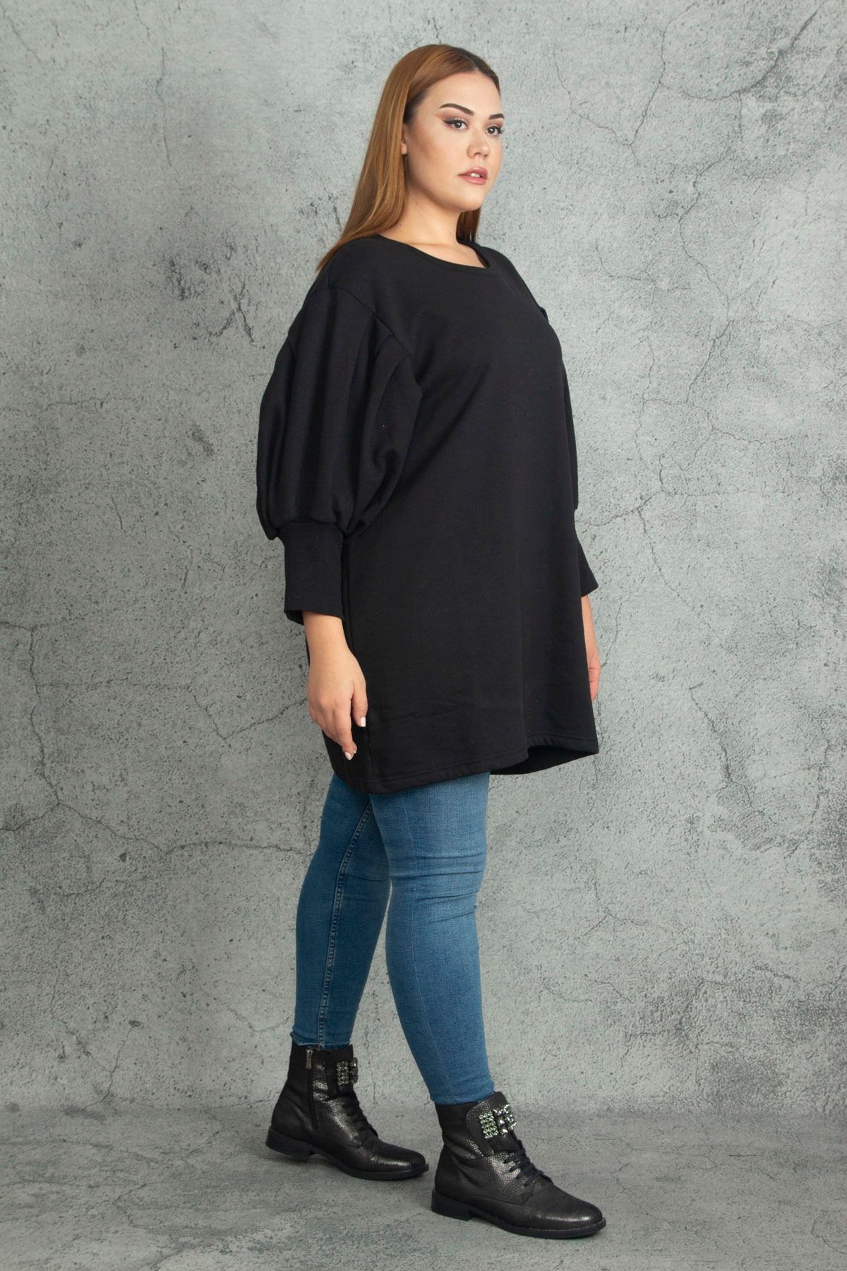 Şans Kadın Büyük Beden Siyah Kol Detaylı Içi Şardonlu Sweatshirt Elbise 65n20075