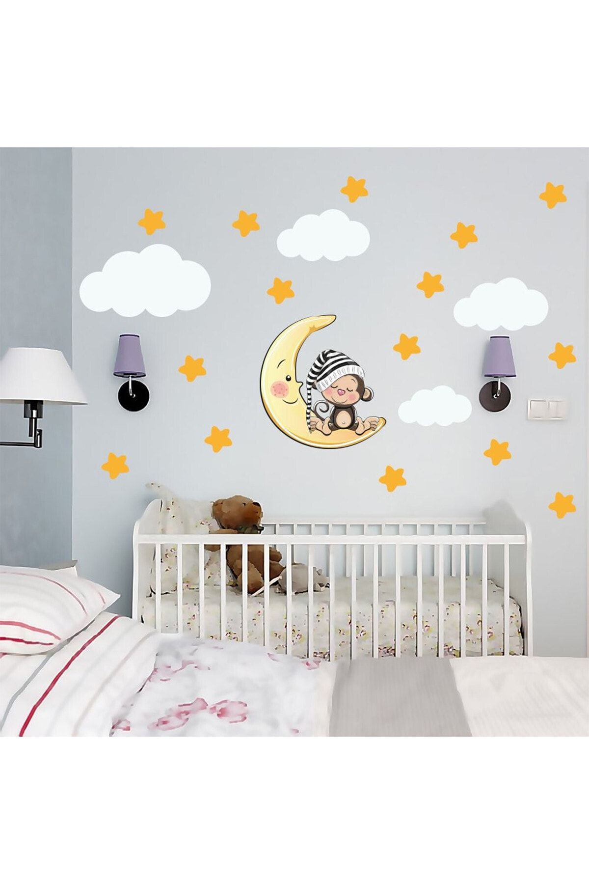 BaskıKazanı Uyuyan Maymun Yıldız Bulut Bebek Çocuk Odası Duvar Sticker