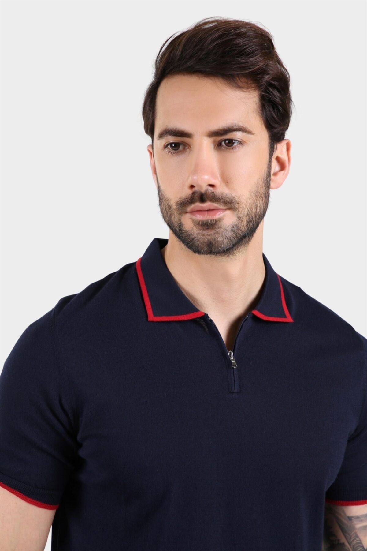 Ferraro Erkek Lacivert Yakası Çizgili Polo Yaka Fermuarlı Triko T-shirt