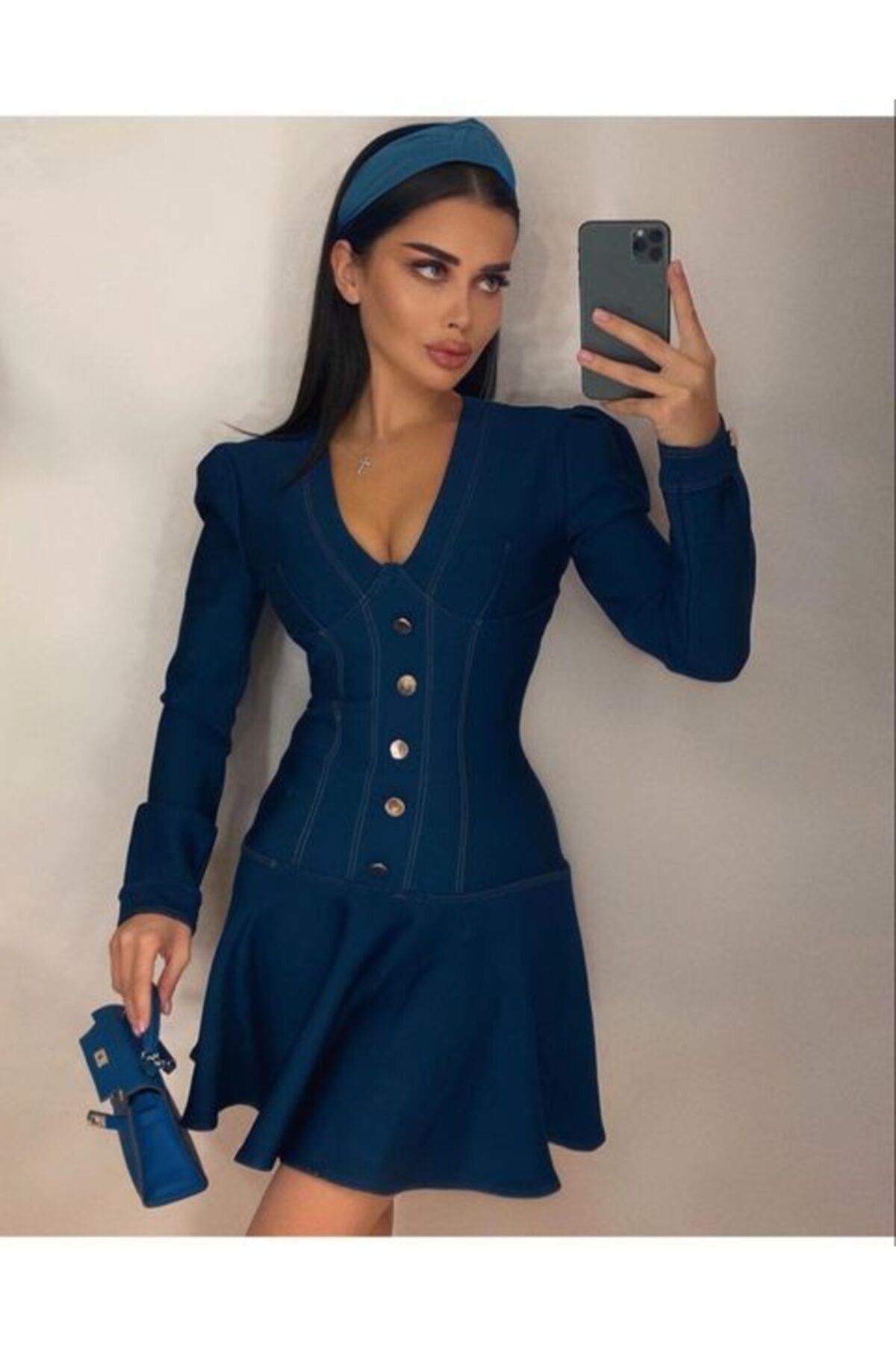 HG BUTİK Kadın  Mavi Düğme Detaylı Kot Elbise