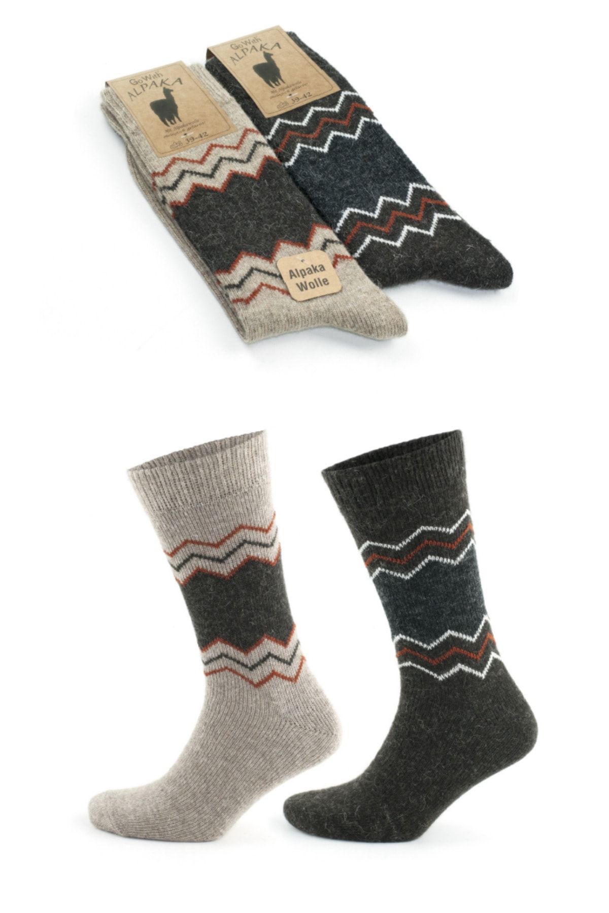 socksbox Alpaka Doğal Yün Termal Etkili Zigzag Desen Kışlık Çorap 2 Çift