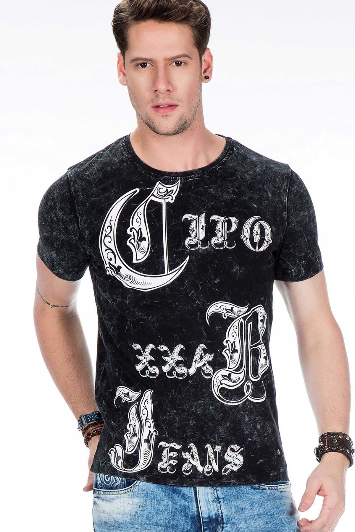 Cipo&Baxx Erkek Siyah Logo Baskılı Yıkamalı Slim Fit Tişört