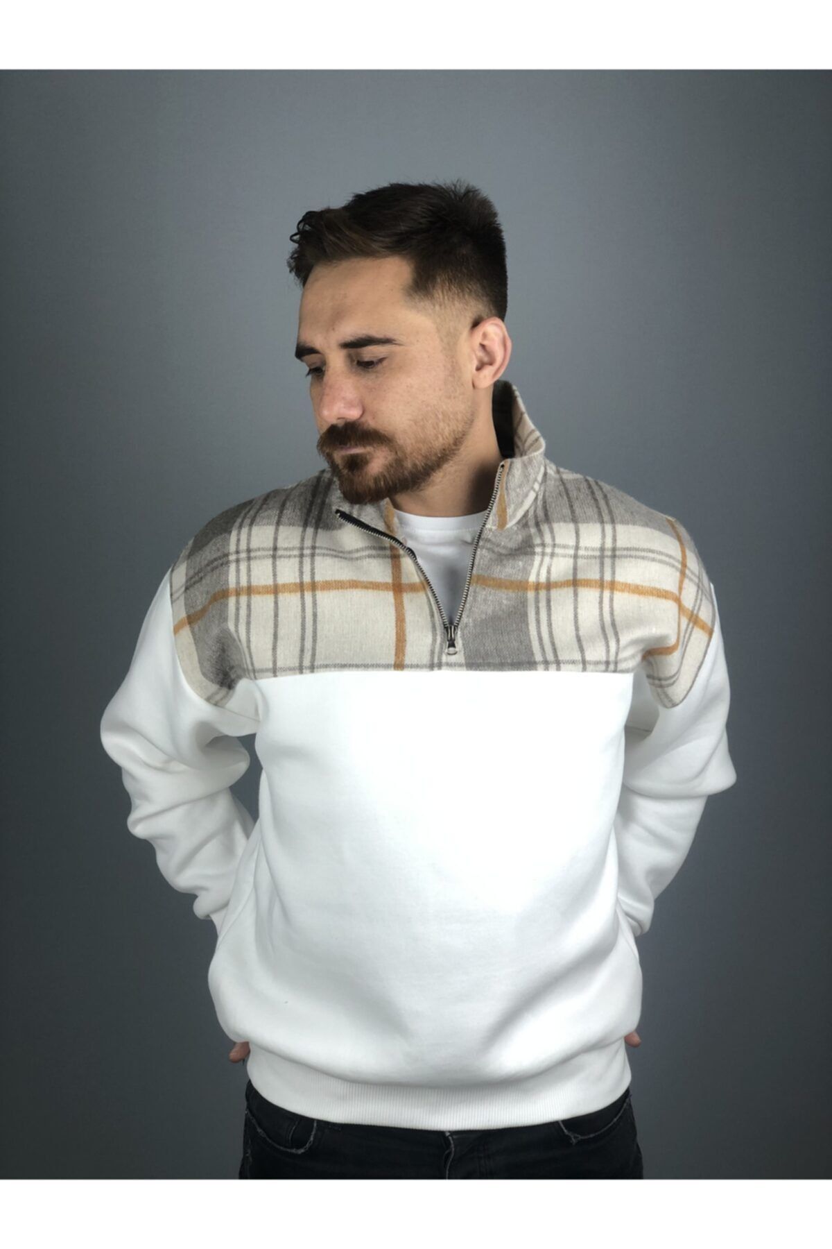 Trendbir Erkek Krem Şardonlu Fermuarlı Dik Yaka 3 Iplik Kalın Sweatshirt