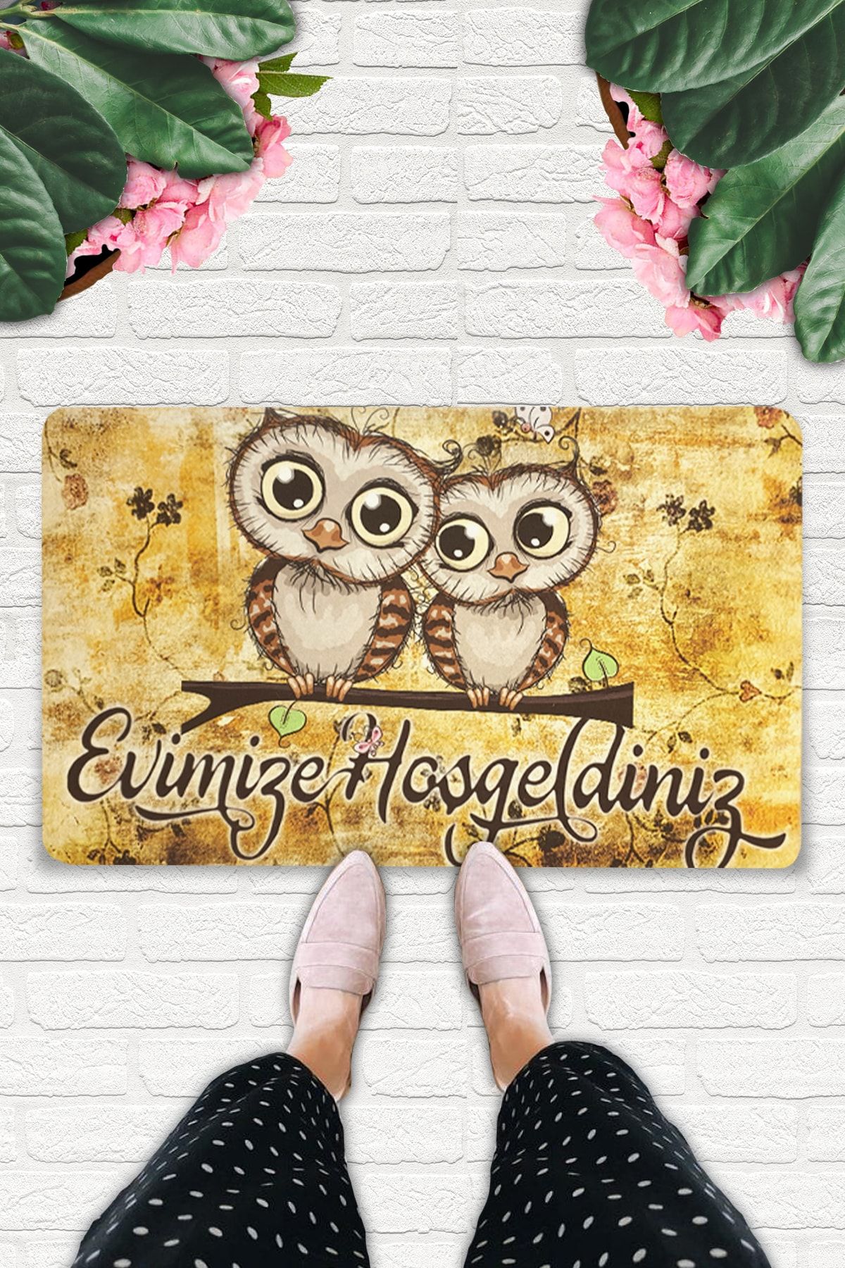 Uygur Home Owl Couple Temalı Kapı Önü Ve İç Mekan Paspası