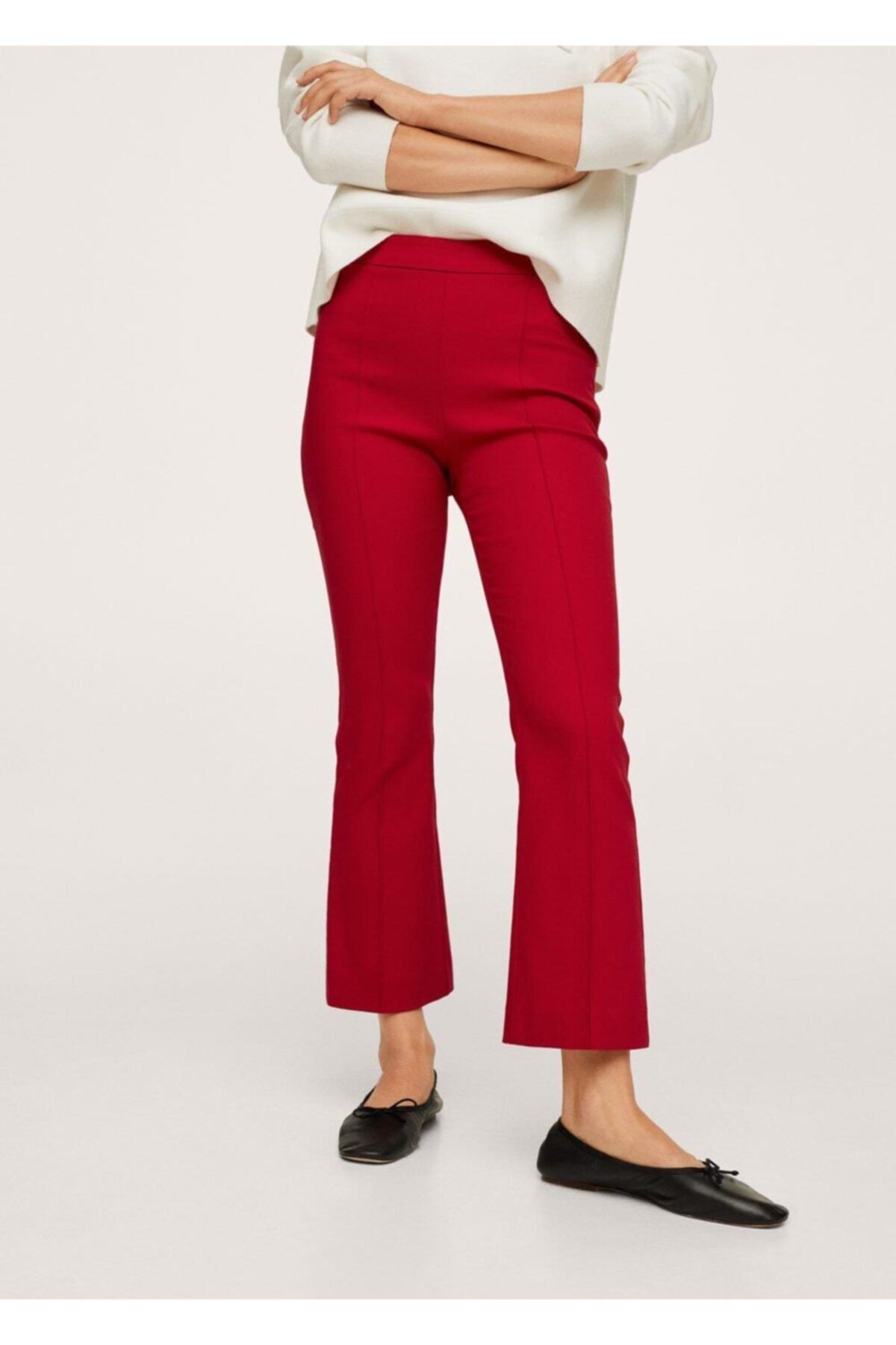 MANGO Kadın Kırmızı Kısa Ispanyol Paçalı Pantolon