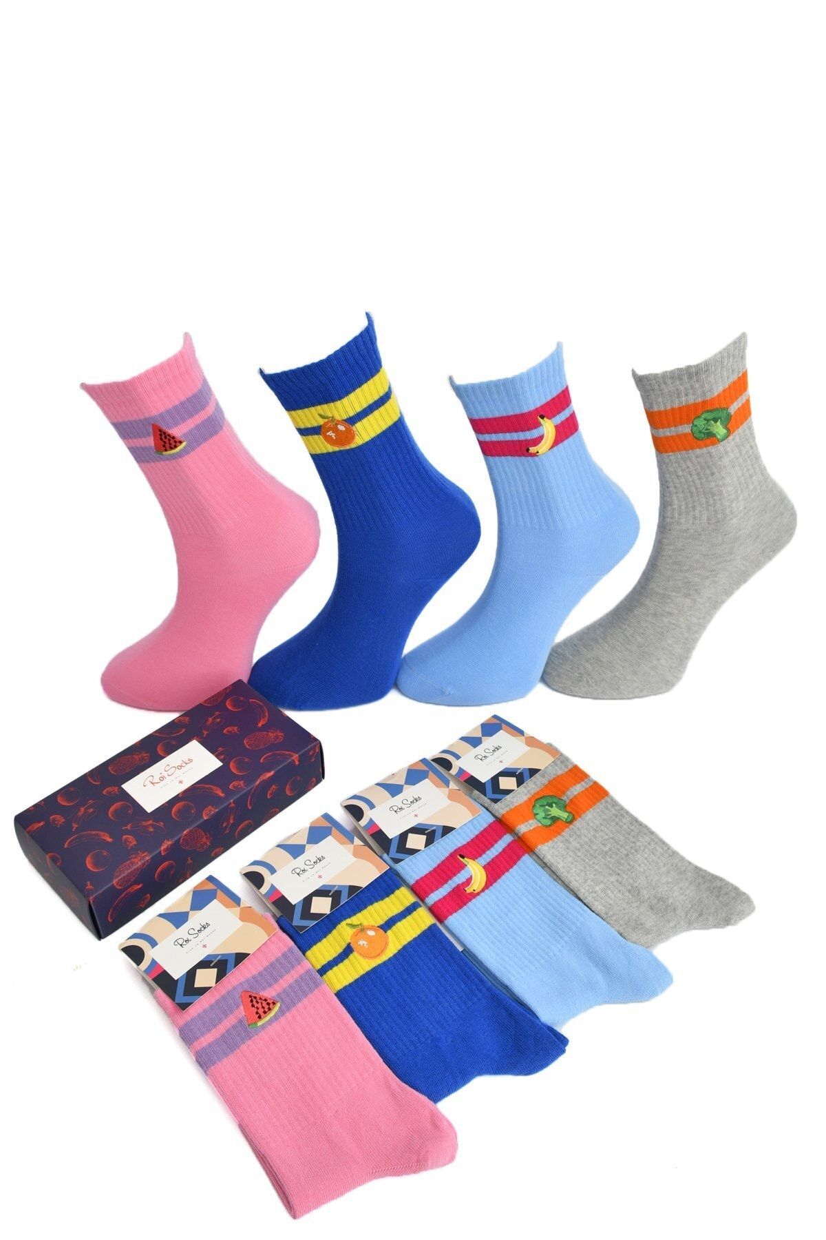 Roi Socks Meyve Deseni Nakışlı Dörtlü Renkli Soket Set