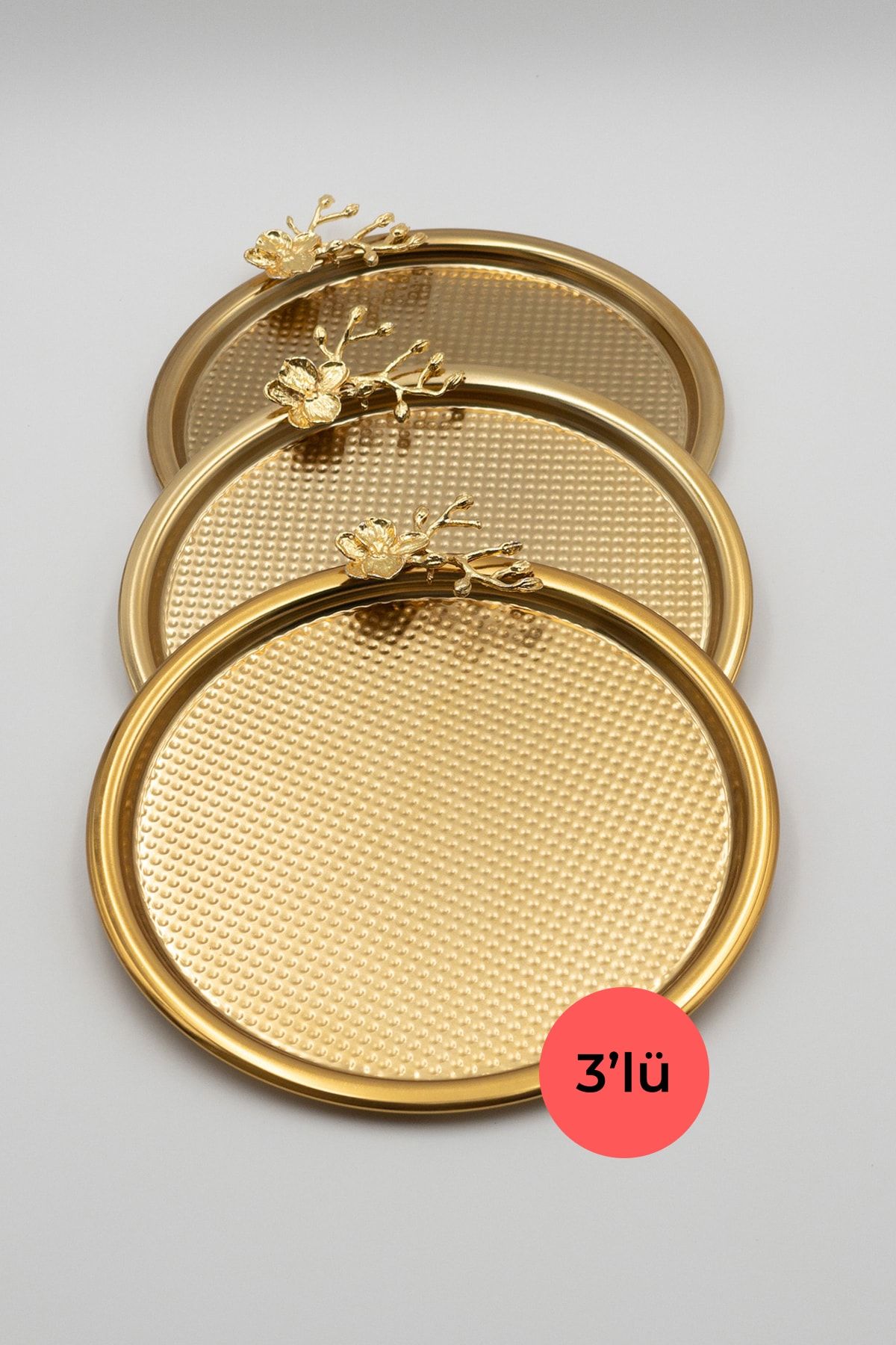 Fiyakalı Ürünler Atölyesi 3'lü Japon Güllü Yuvarlak Gold Sunum Tepsisi, Pasta Çay Kahve Dekoratif Servis Tepsisi 22cm