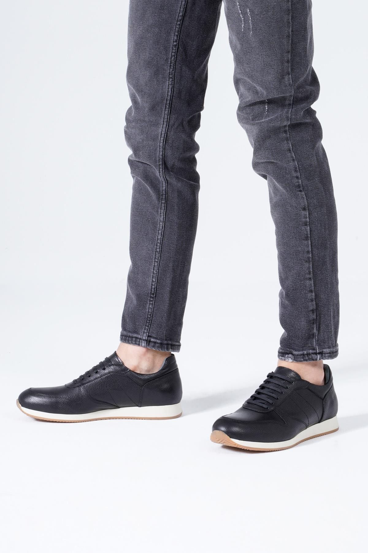 CZ London Siyah - Hakiki Deri Erkek Spor Ayakkabı Bağcıklı Beyaz Taban Sneaker