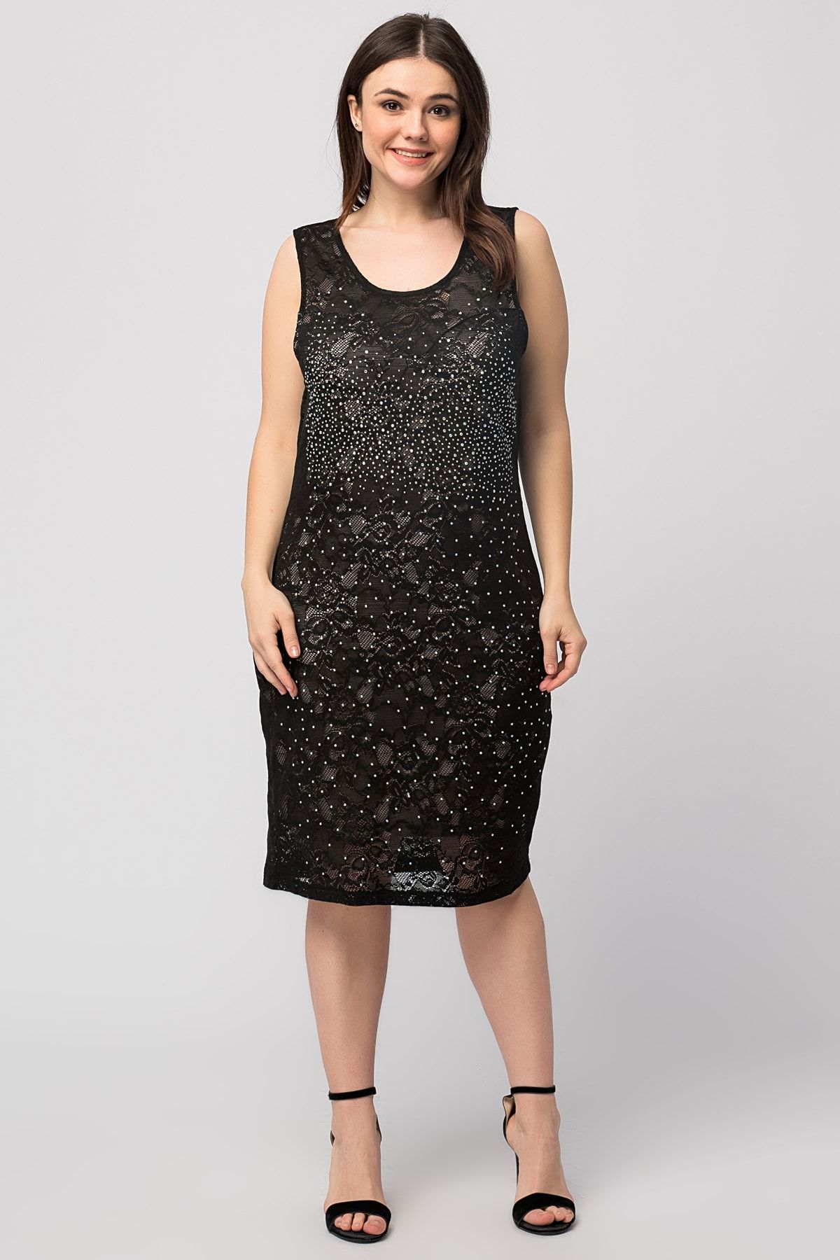 Şans Tekstil Kadın Siyah Dantel Ve Taş Detaylı Astarlı Elbise 26a17626