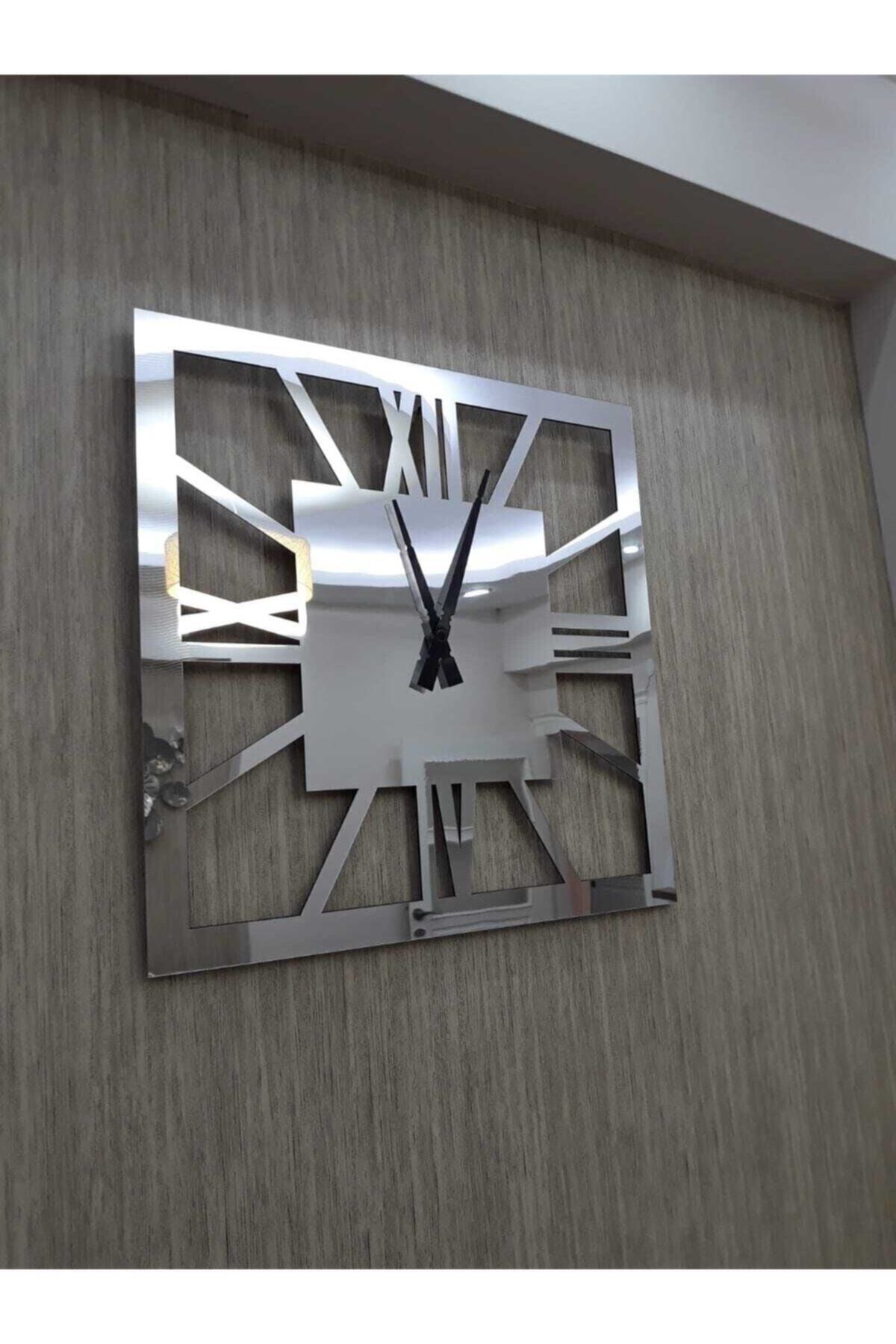 Tuba Decor Dekoratif Gümüş Şık Kare Duvar Saati Modern Mdf Üzeri Aynalı Pleksi 40x40 Cm Dekoratif Ev Ofis Saati