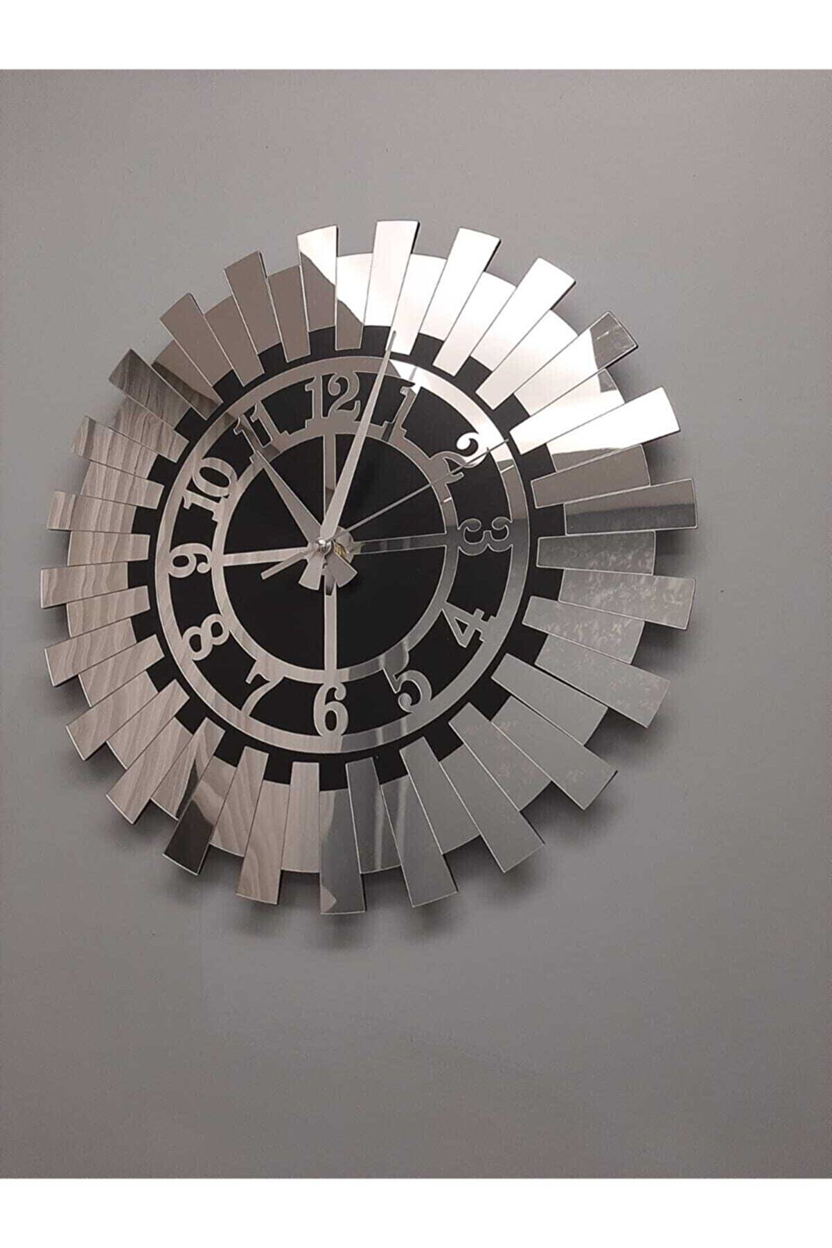 Tuba Decor Büyük Dekoratif Gümüş Güneş Duvar Saati Modern Türk Rakamlı Mdf Üzeri Aynalı Pleksi 60x60 Cm