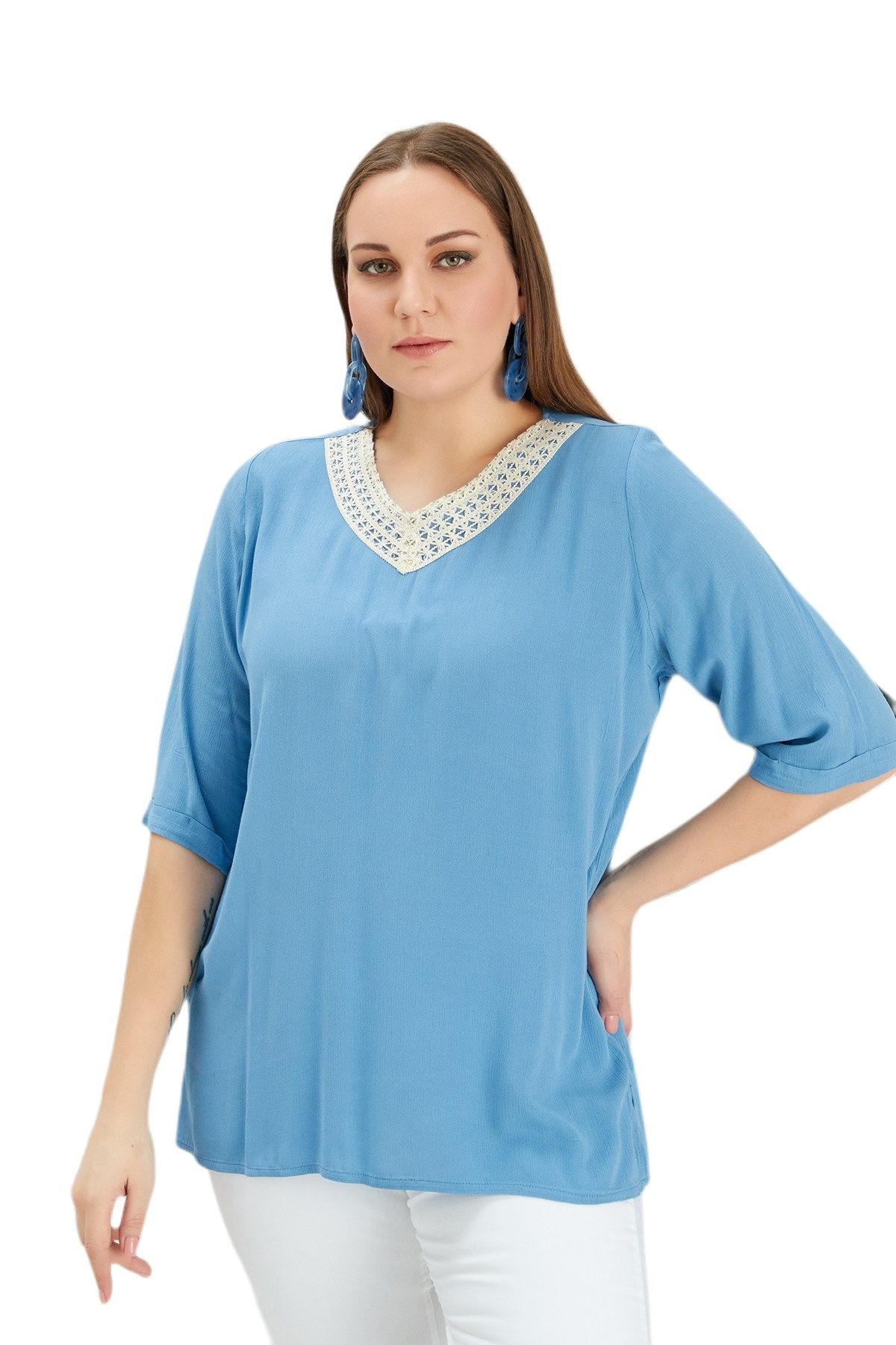 Günay Kadın Büyük Beden Bluz Rg4225 V Yaka Işleme Detay Ilkbahar Yaz-indigo