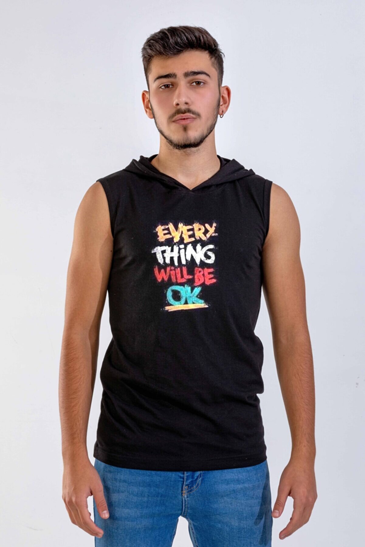 Raf Coll Unisex Everything Will Be Ok Yazılı Kapşonlu Kolsuz T-shirt