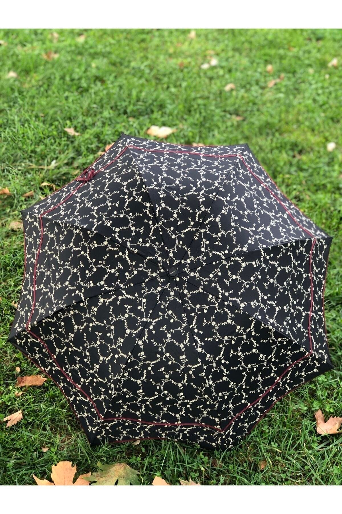 Rainwalker Rüzgarda Kırılmayan Üstü Çiçek Dalları Detaylı Bordo Fiyonklu Siyah Kadın Şemsiye
