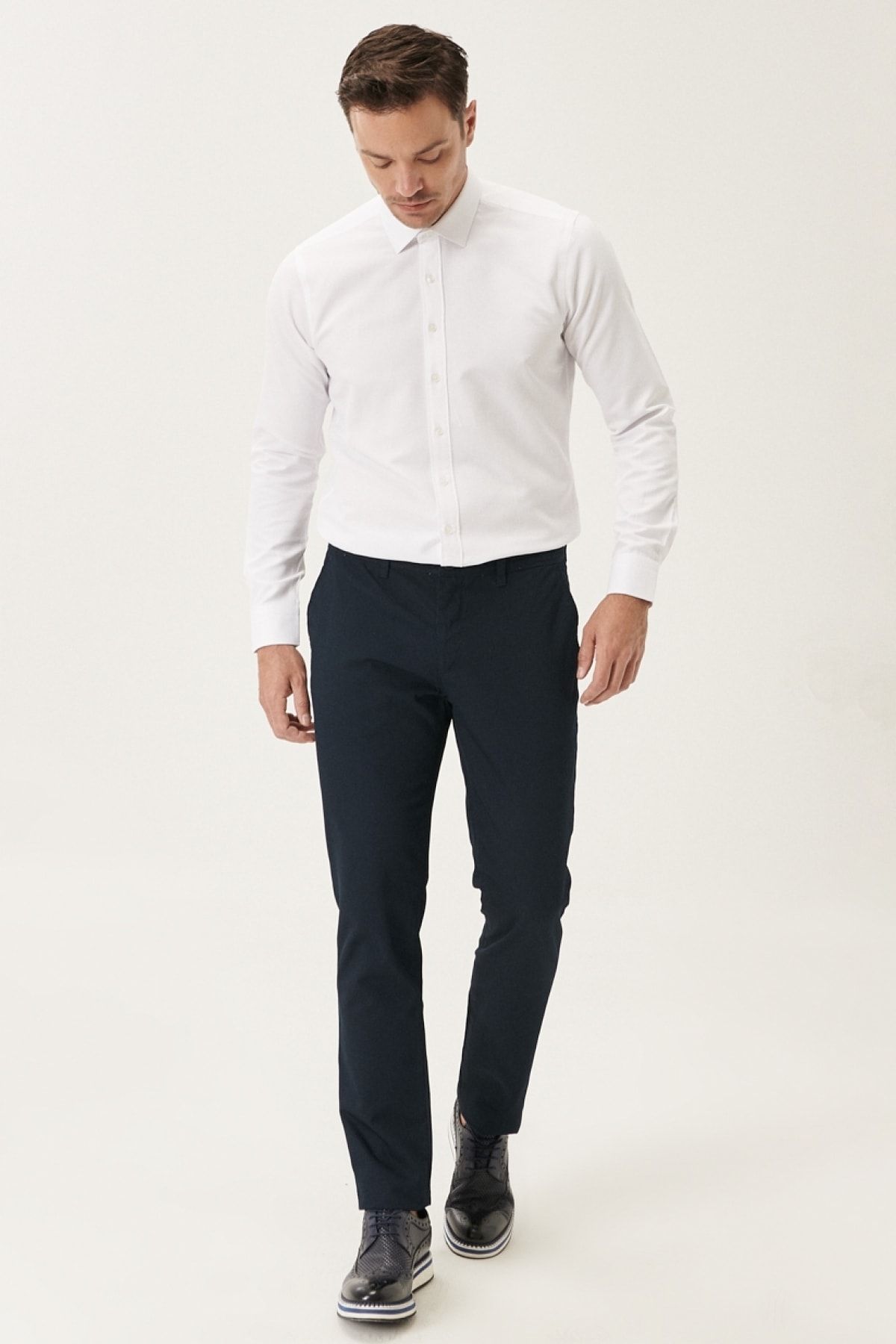 AC&Co / Altınyıldız Classics Erkek Lacivert Slim Fit Dar Kesim %100 Pamuk Armürlü Chino Pantolon