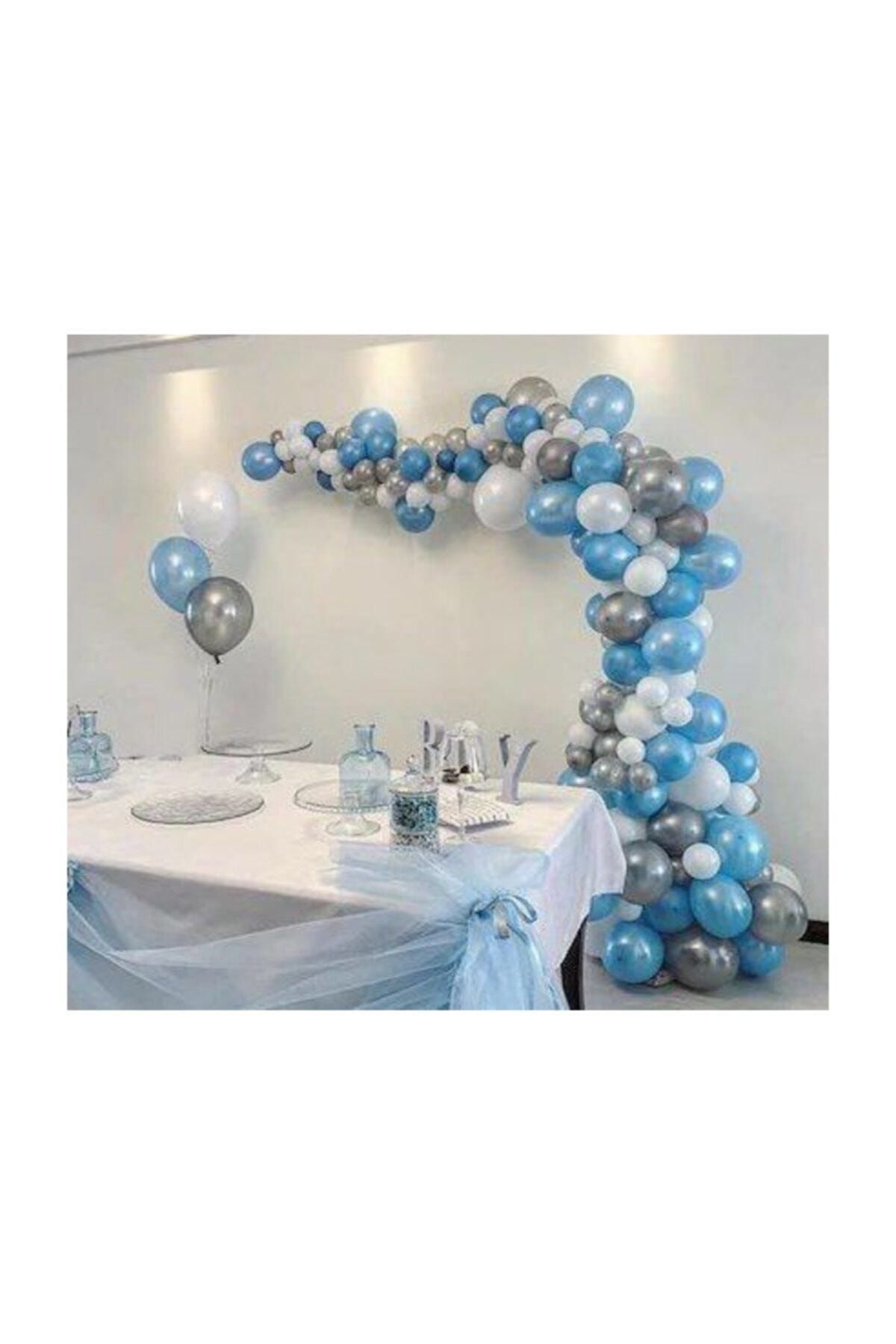TATLI GÜNLER 100 Adet Metalik Balon Ve 5 Metre Balon Zinciri (mavi - Gümüş - Beyaz) Uçan Balon