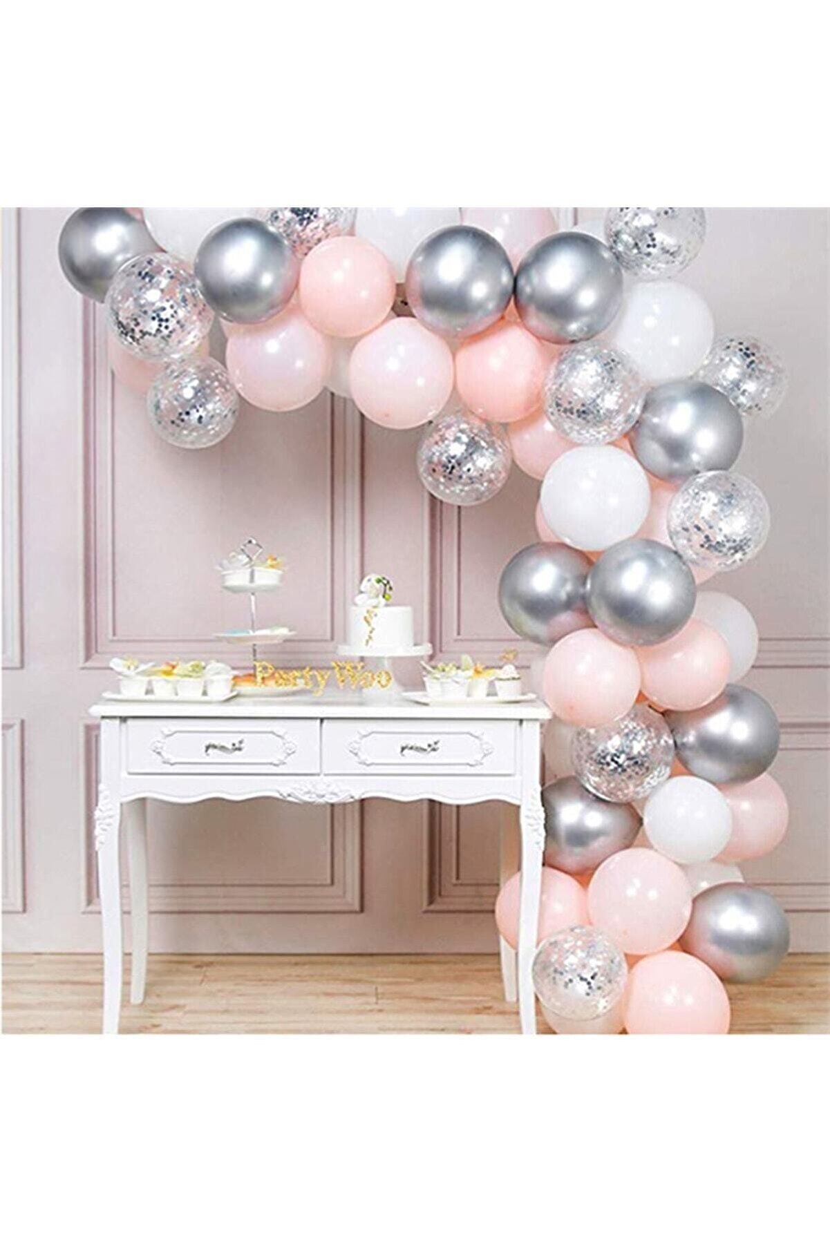 Aşkın Parti Evi 100'lü Pembe Beyaz Gümüş Metalik Balon Ve Balon Zinciri Seti