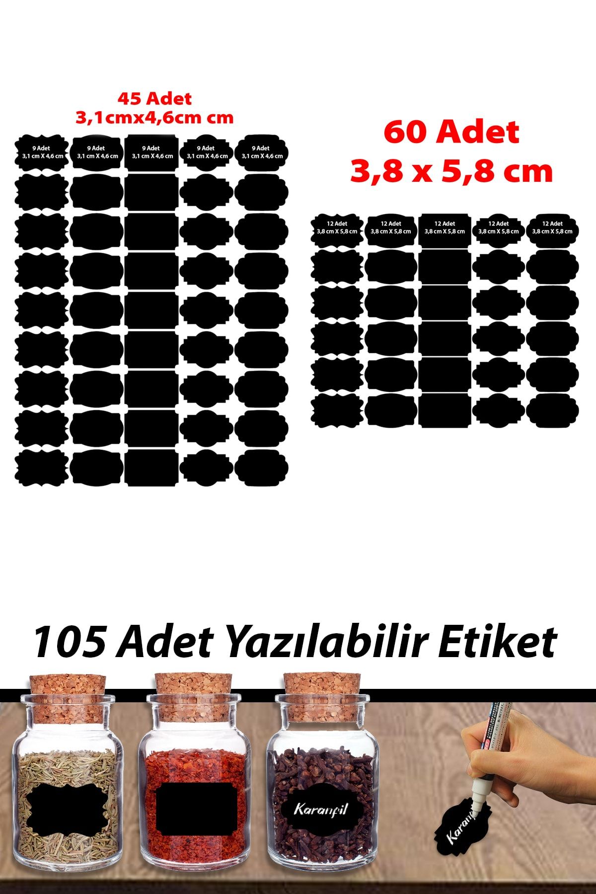 Smartad Siyah 105 Adet Yazılabilir Etiket , Kavanoz Sticker , Farklı Şekil Ve Farklı Boyutlarda