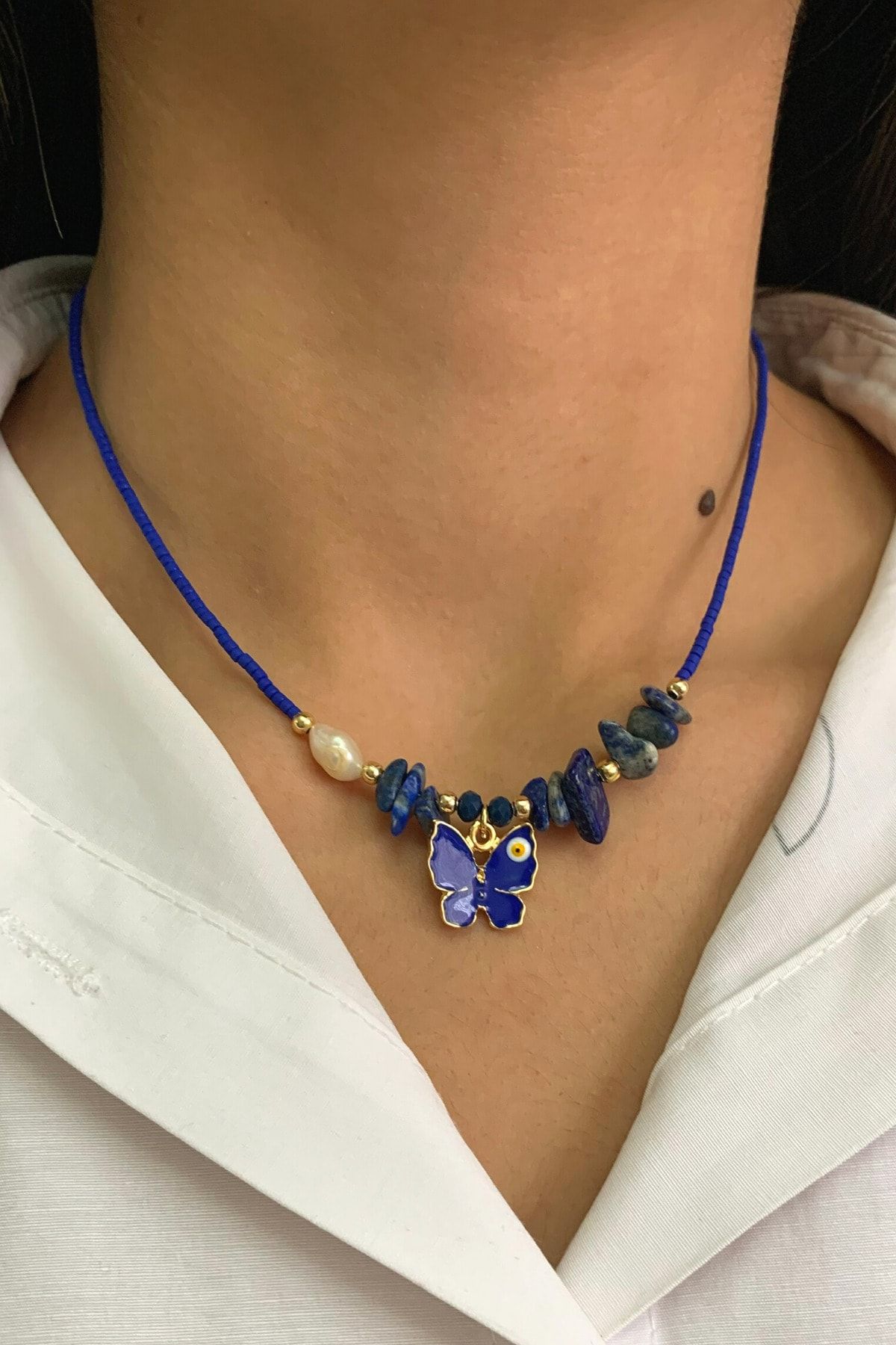 Suerte Accessories Lapis Lazuli Ve Afgan Doğal Taşlı Mayorca Incili Altın Kelebek Uçlu El Yapımı Özel Tasarım Kolye