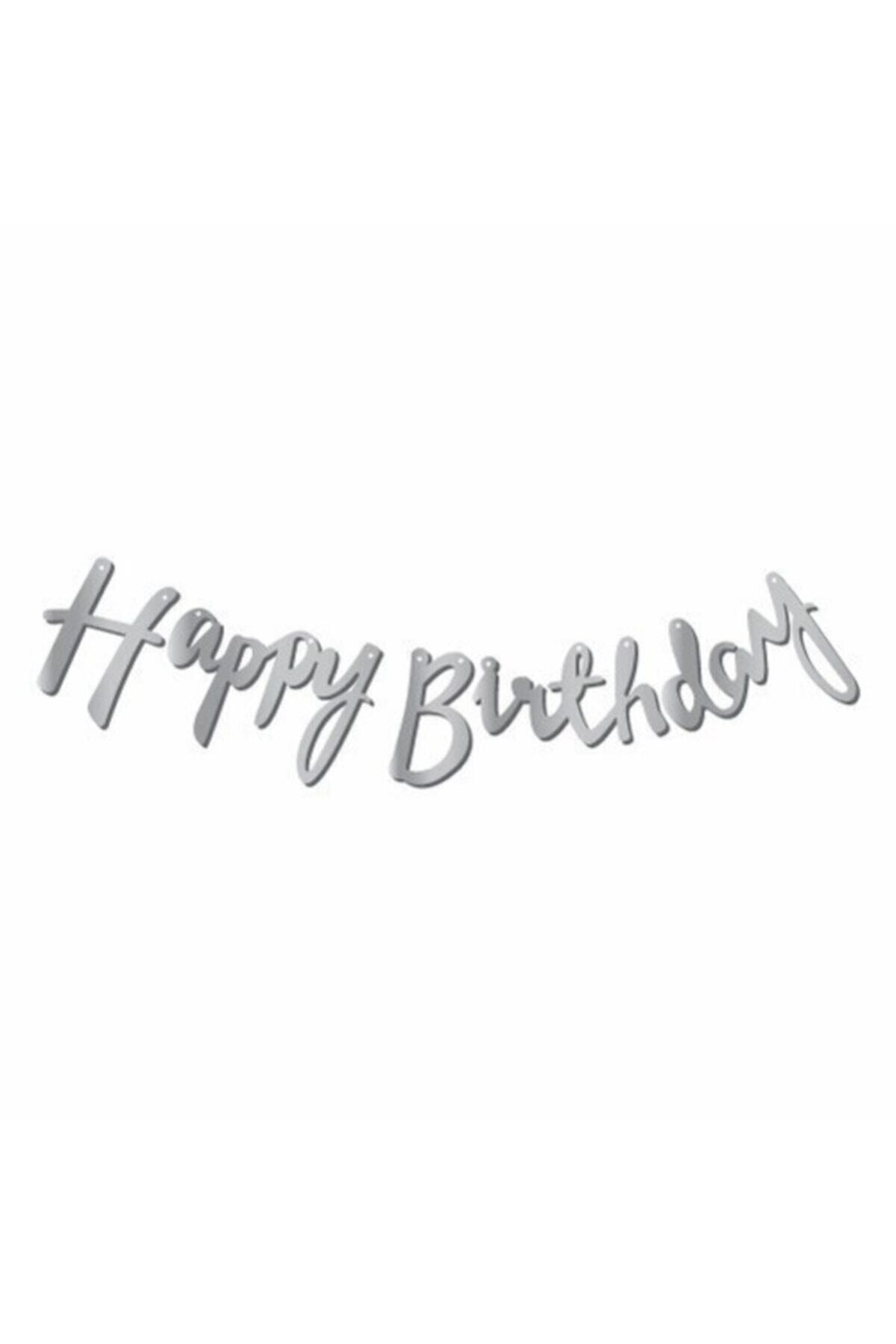 Parti Dolabı Happy Bırthday Kaligrafi Banner Yazı Gümüş Metalik 2,10 cm