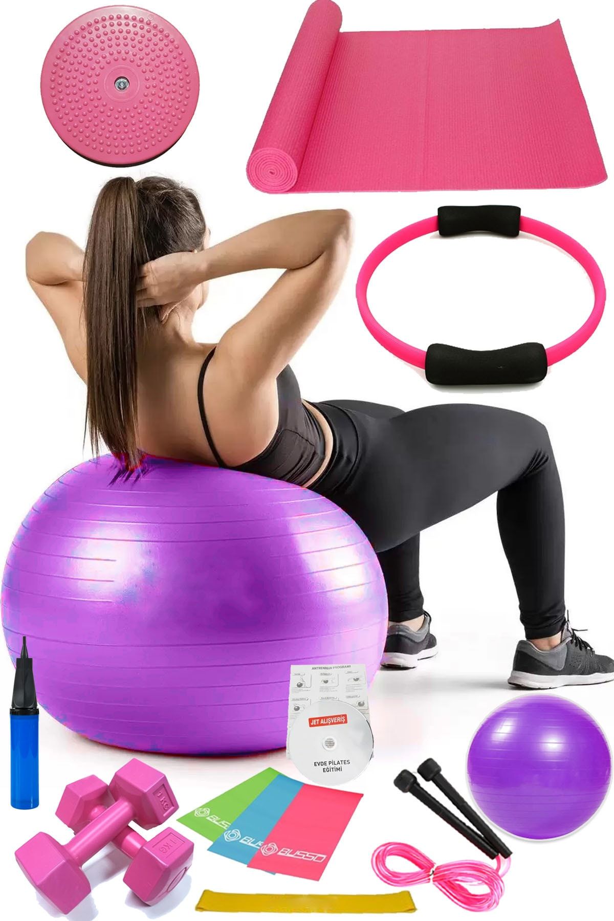 Jet 14 Lü Pilates Seti Topu 3 Lü Pilates Bandı Dambıl Minder Ip Twister Pilates Çemberi Mor