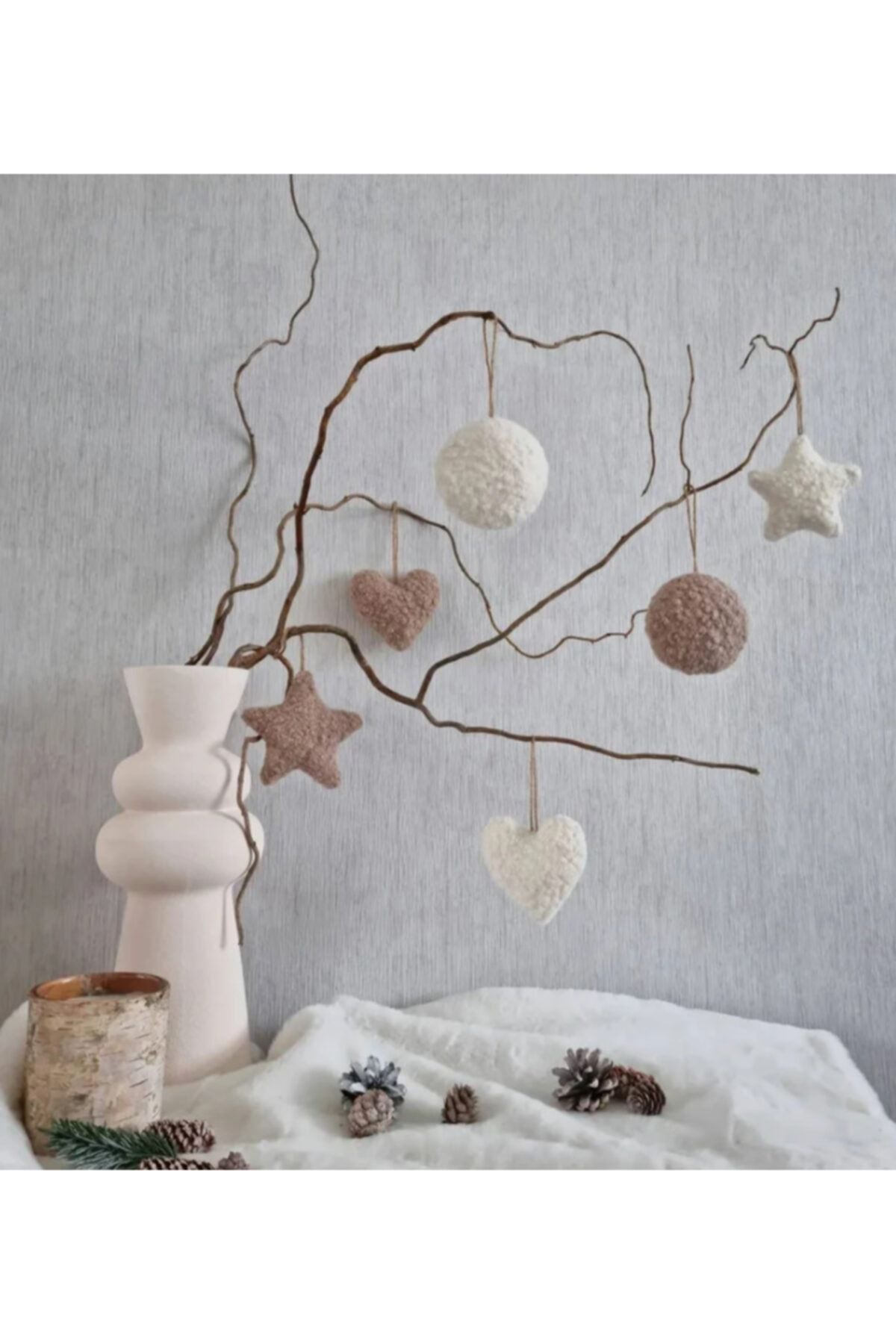 sevaradekor Yeni Yıl Yılbaşı Çam Ağacı Süsü Buklet Teddy Kalp & Yuvarlak & Yıldız 3 Lü Set Beyaz