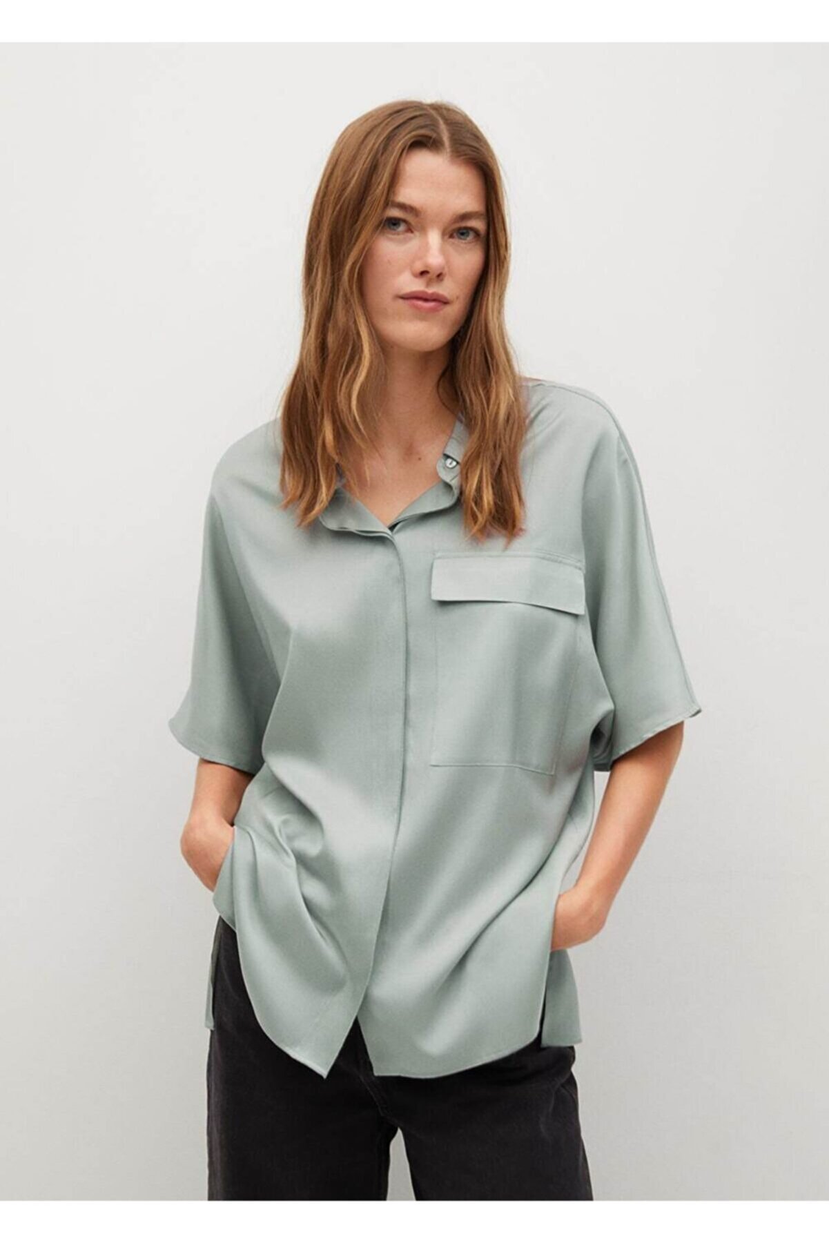MANGO Kadın Su Yeşili Oversize Saten Gömlek