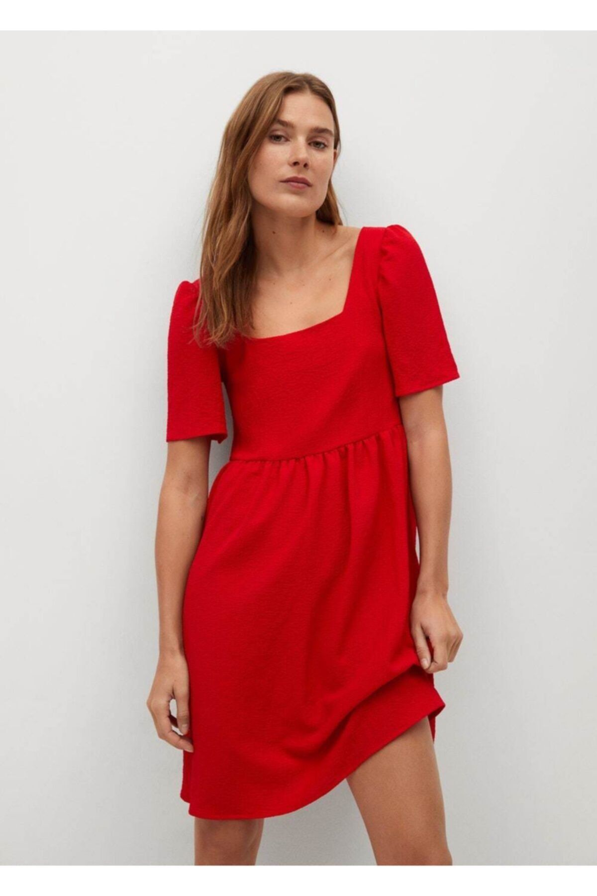 MANGO Kadın Kırmızı Dokuma Elbise