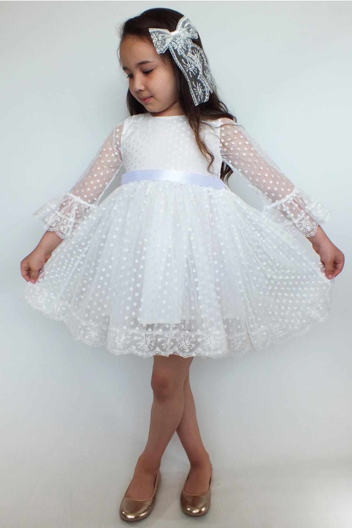 Mashotrend Beyaz Dantelli Kız Çocuk Elbise - Kız Çocuk Abiye Kıyafet
