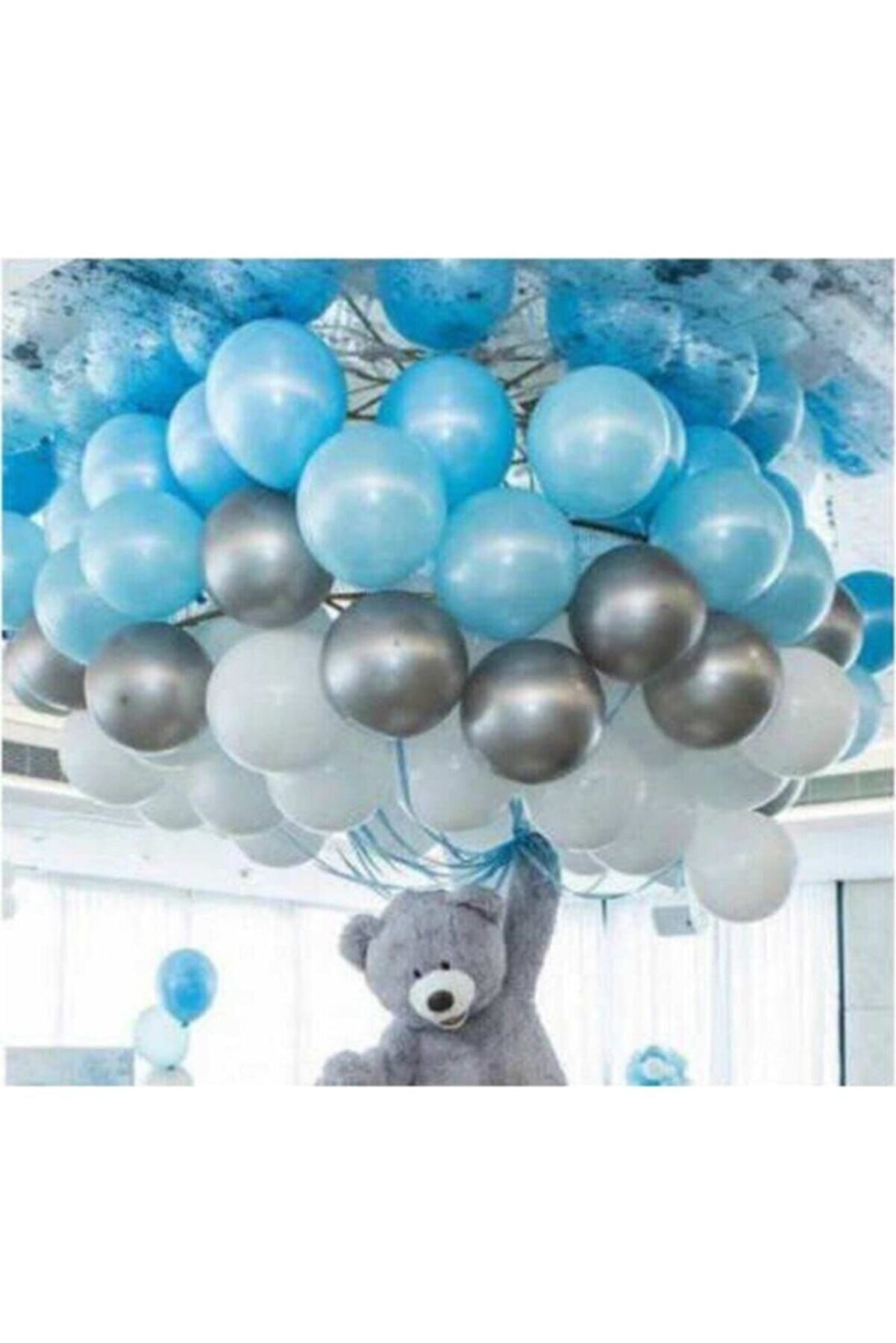 Parti Dolabı 50 Ad A.mavi-beyaz-gümüş Metalik Balon, 5 Mt Balon Zinciri , Parti Balon Seti