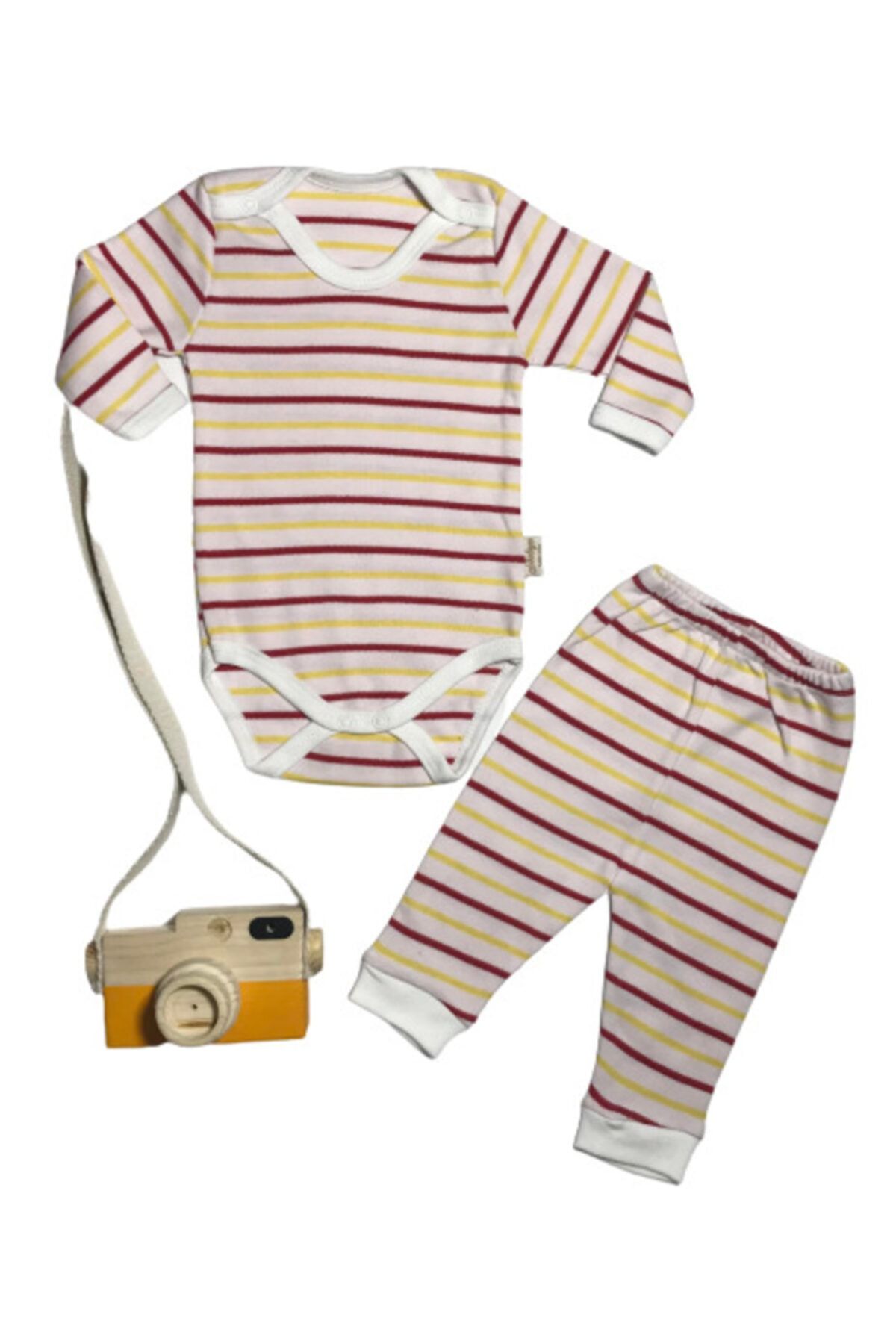 Babysi 2 Li Takım Bebek Body Pantolon Sarı Çizgili Çıtçıtlı Badi Pantolon Set