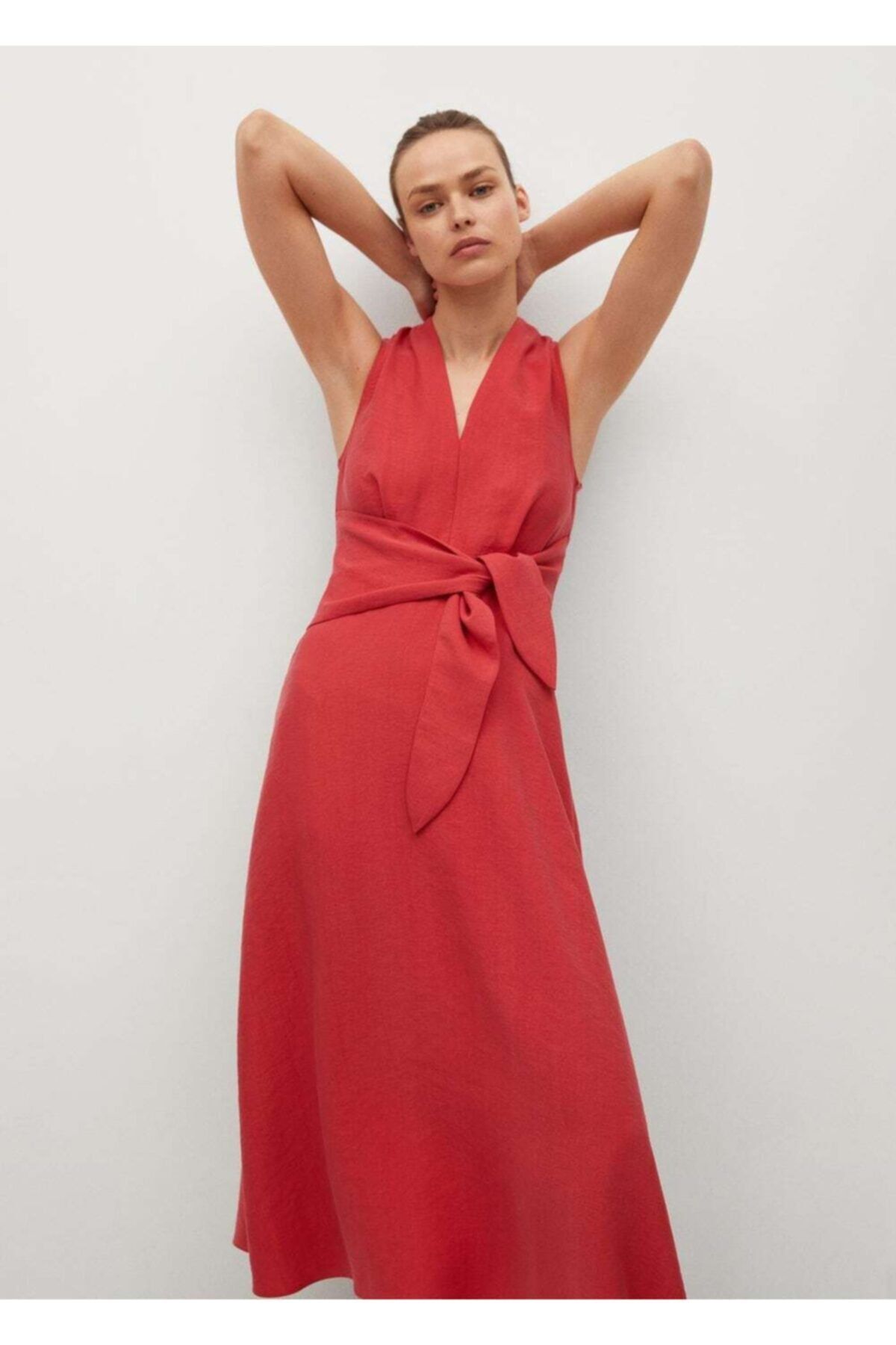 MANGO Kadın Mercan Kırmızısı Kemerli Liyosel Elbise