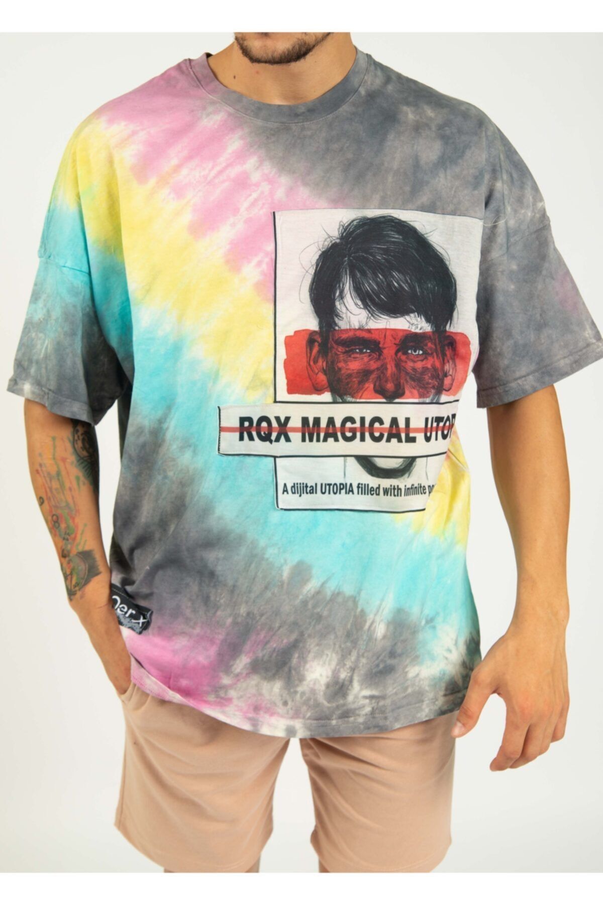 Jenalli Erkek Batik Yıkama Baskılı Oversize Renkli T-shirt