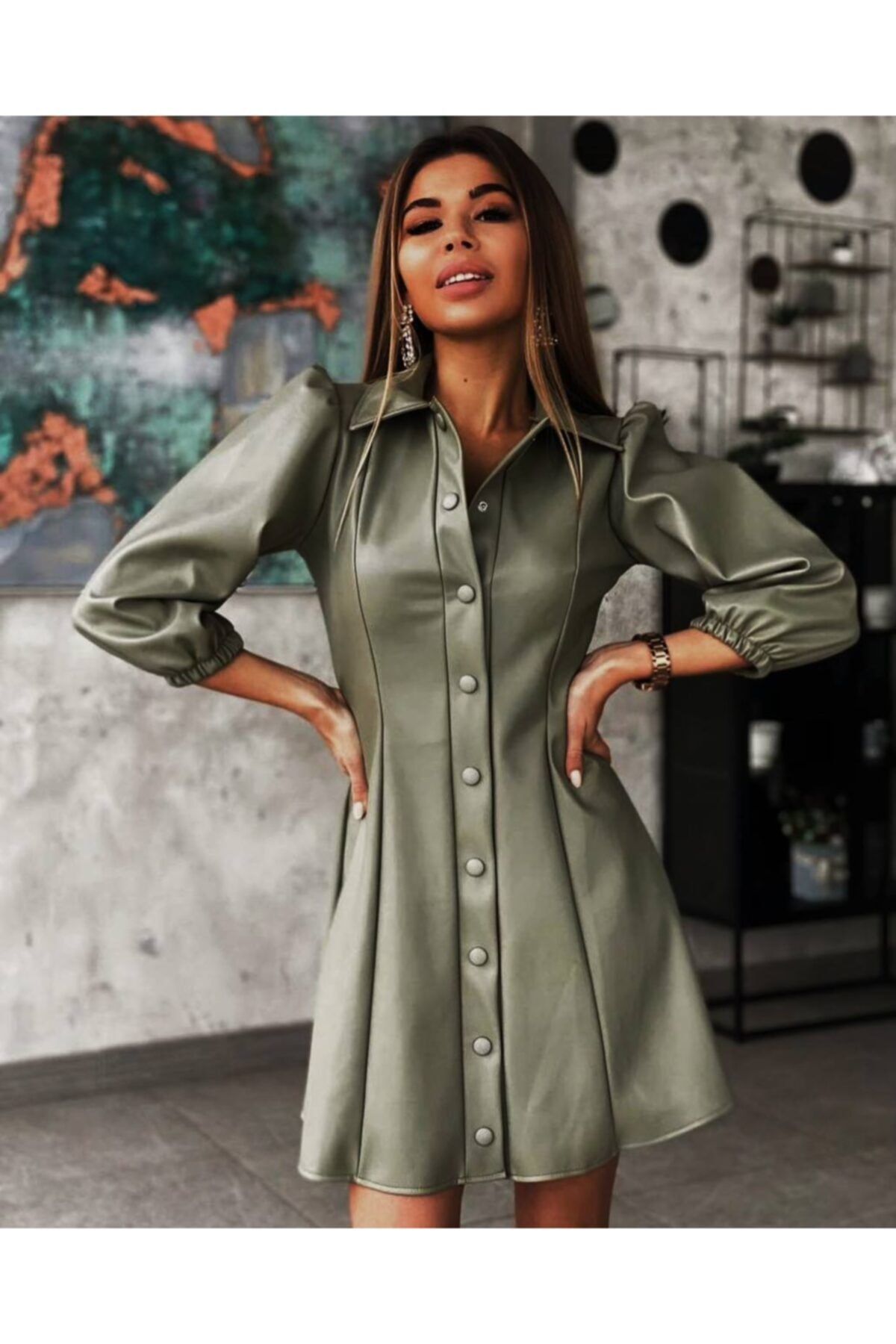 Moda Diyala Koyu Yeşil Deri Kaplama Çıtçıtlı Elbise