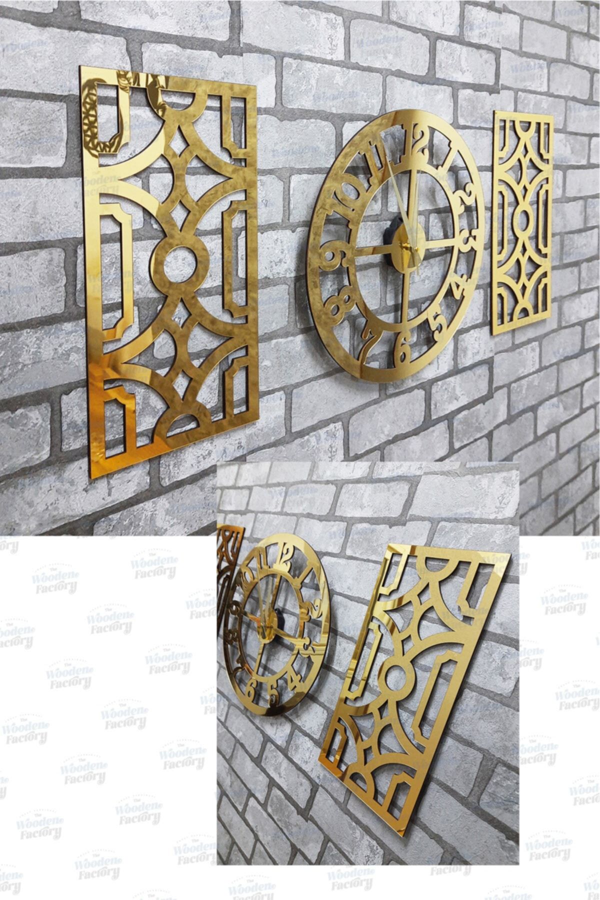 Wooden Factory Time Collection 3 Parça Fero Latin Rakamlı Dekoratif Duvar Saati Altın