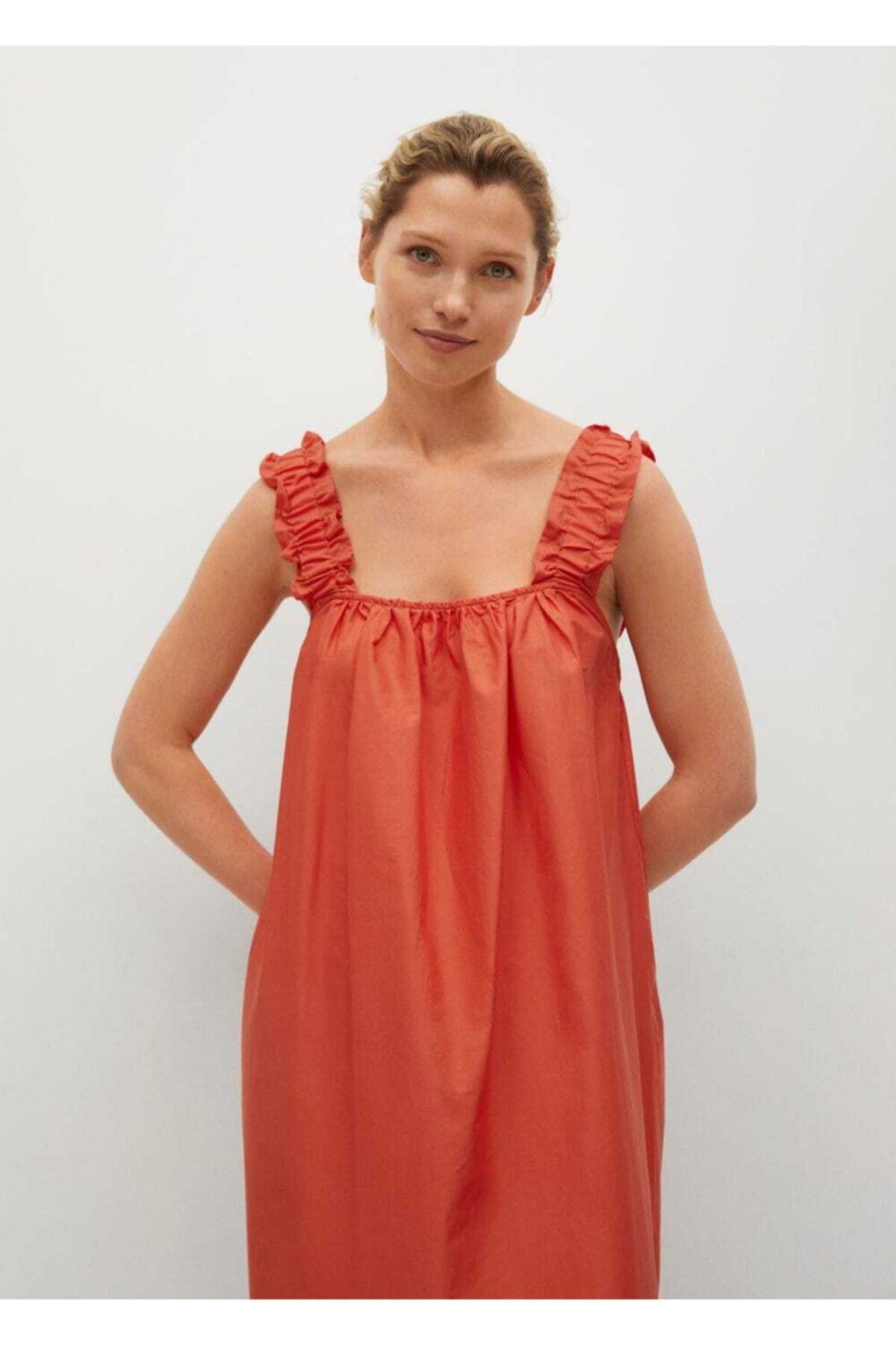 MANGO Kadın Çilek Kırmızısı  Pamuklu Midi Elbise