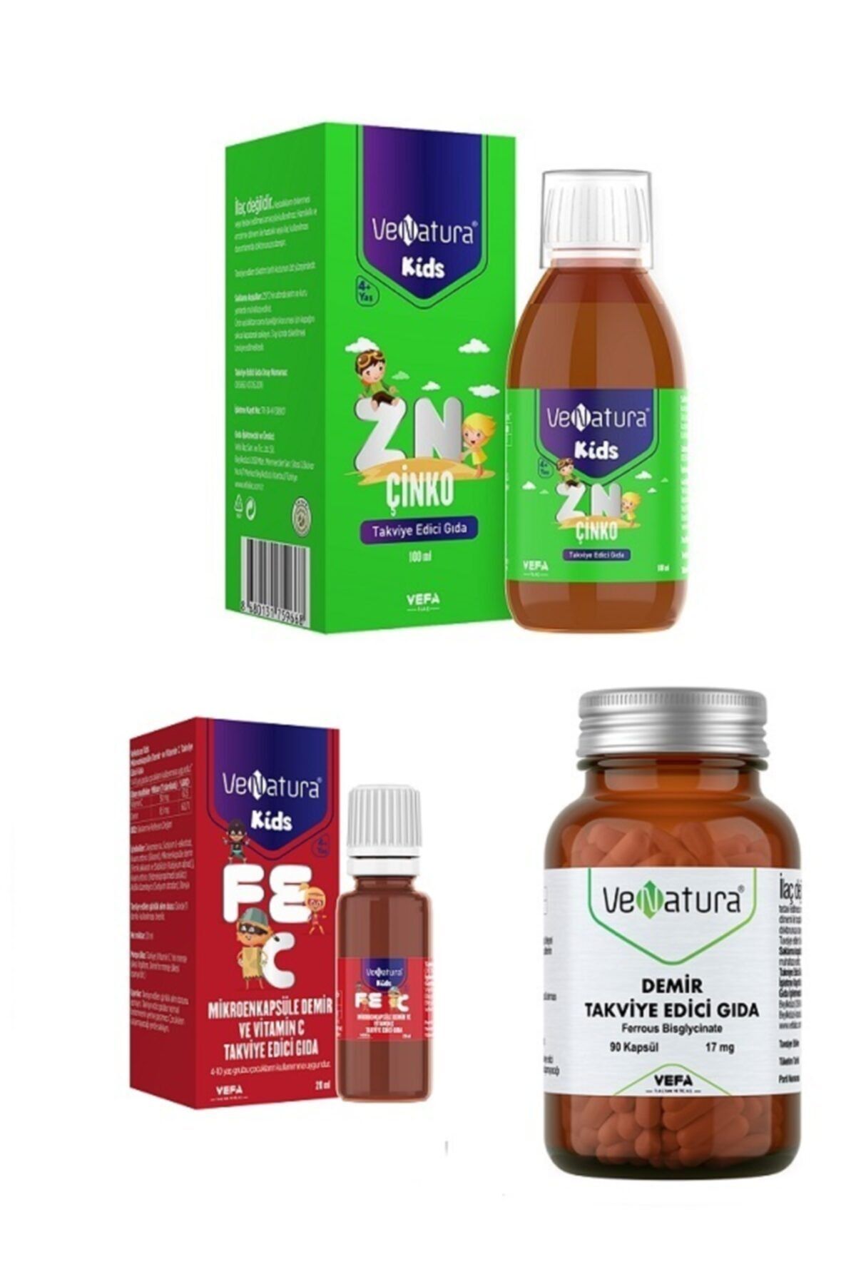 Venatura Demir Ve C Vit. 20 Ml + Çinko 100 Ml + Yetişkin Demir Demir Bisglisinat 90 Kapsül
