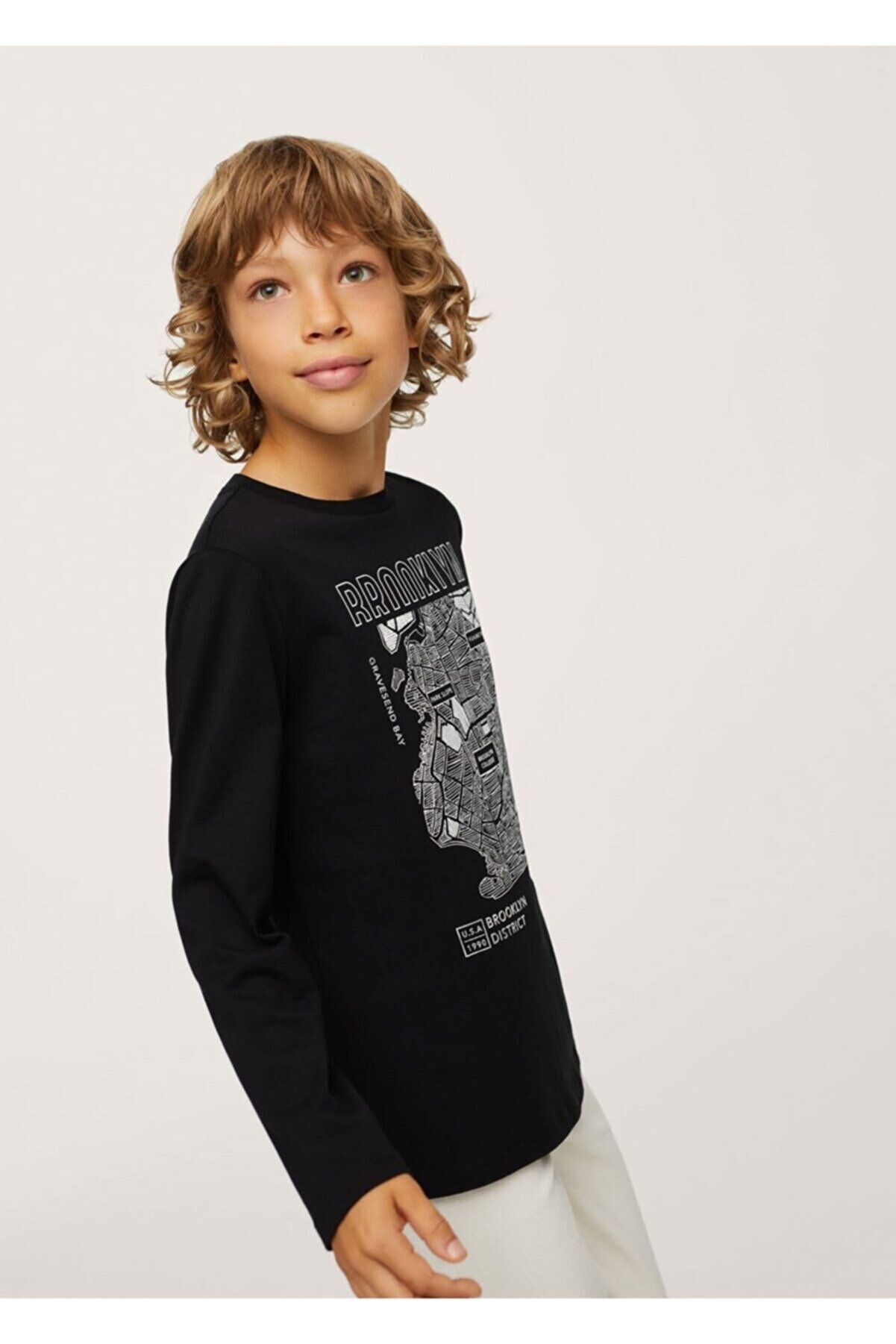 MANGO Kids Çocuk Siyah Uzun Kollu Baskılı Tişört