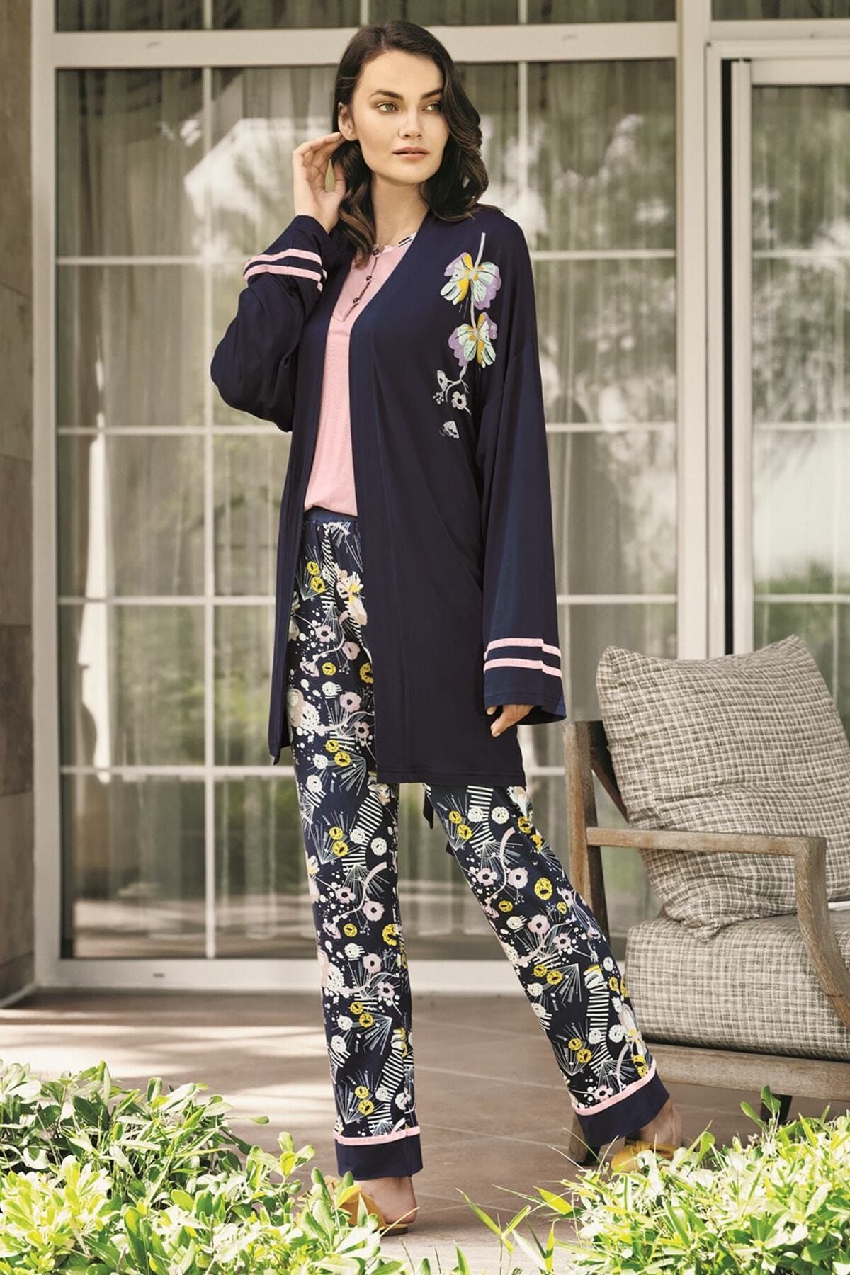 Argento Kadın Lacivert Çiçek Desen 3'lü  Pijama Takım