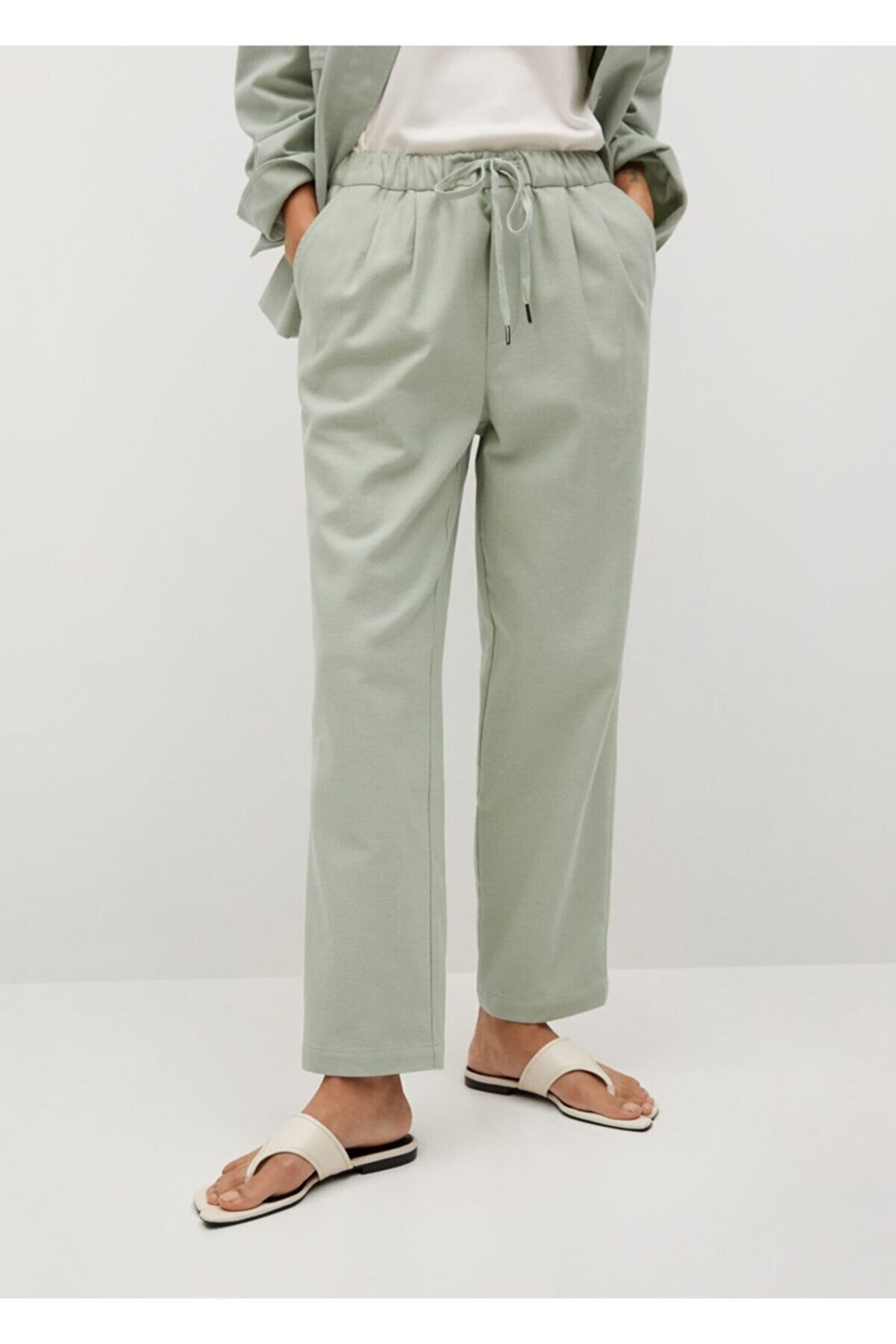 MANGO Kadın Su Yeşili Beli Elastik Pamuklu Pantolon