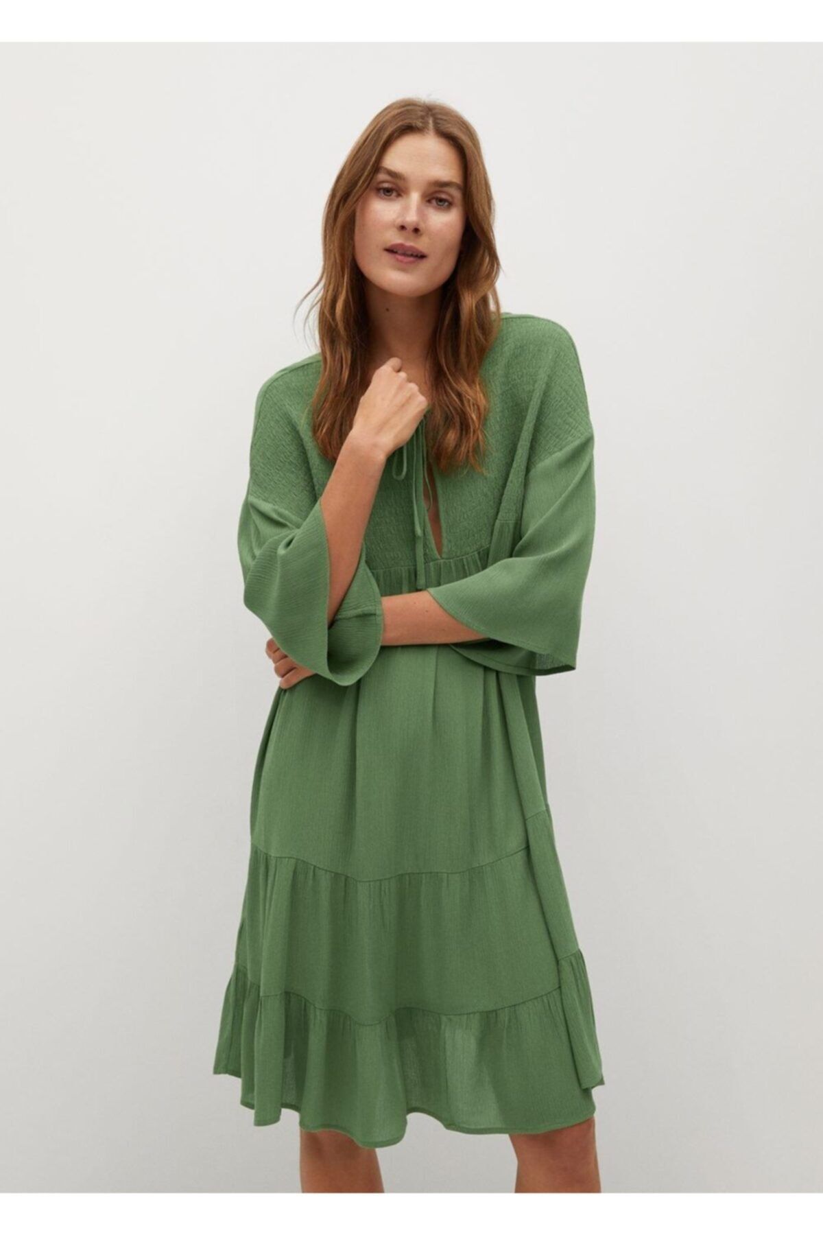 MANGO Kadın Yeşil Dökümlü Dokuma Elbise